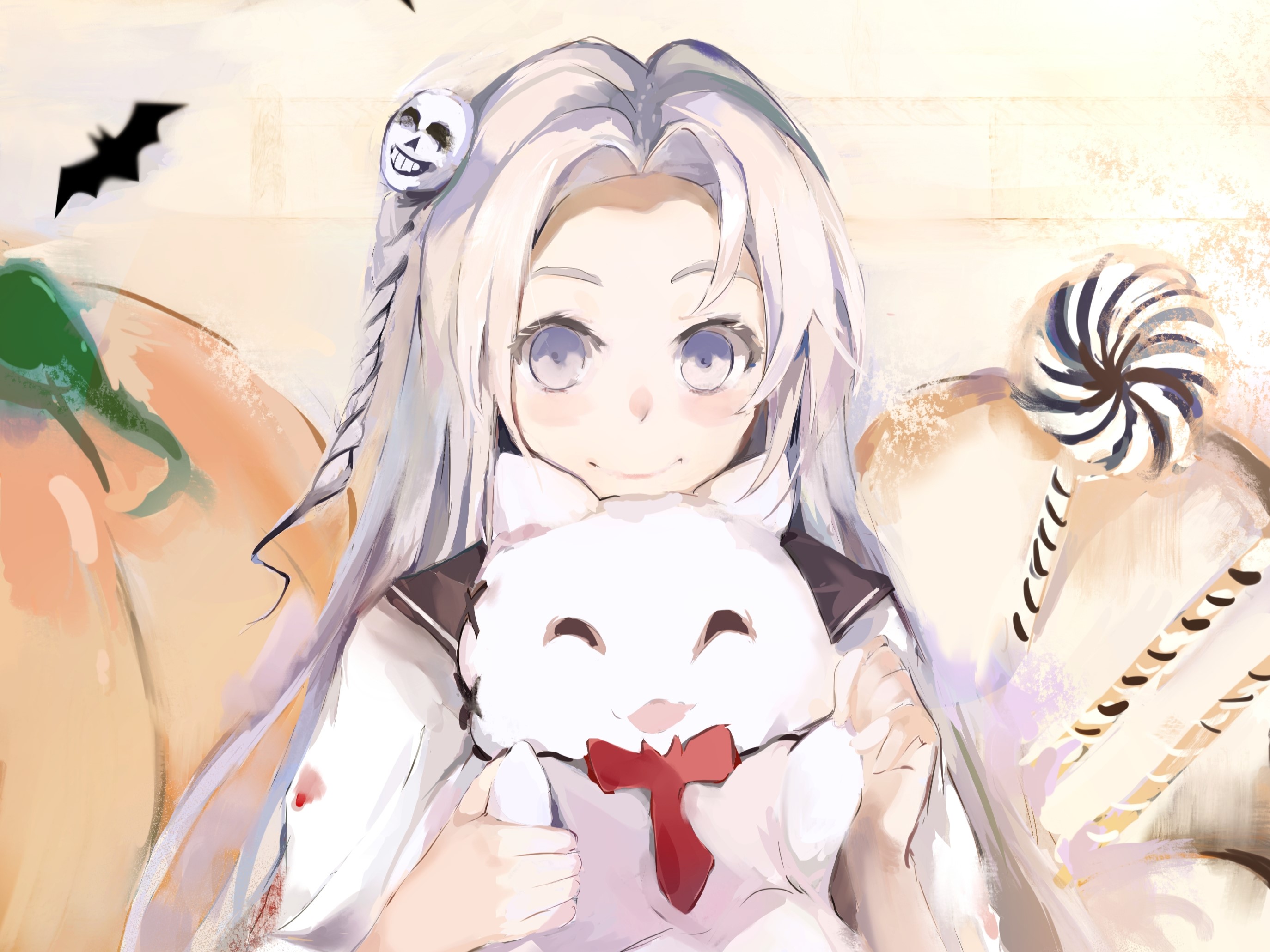 anime, anime girls, white hair, long hair, Halloween, HD Wallpaper