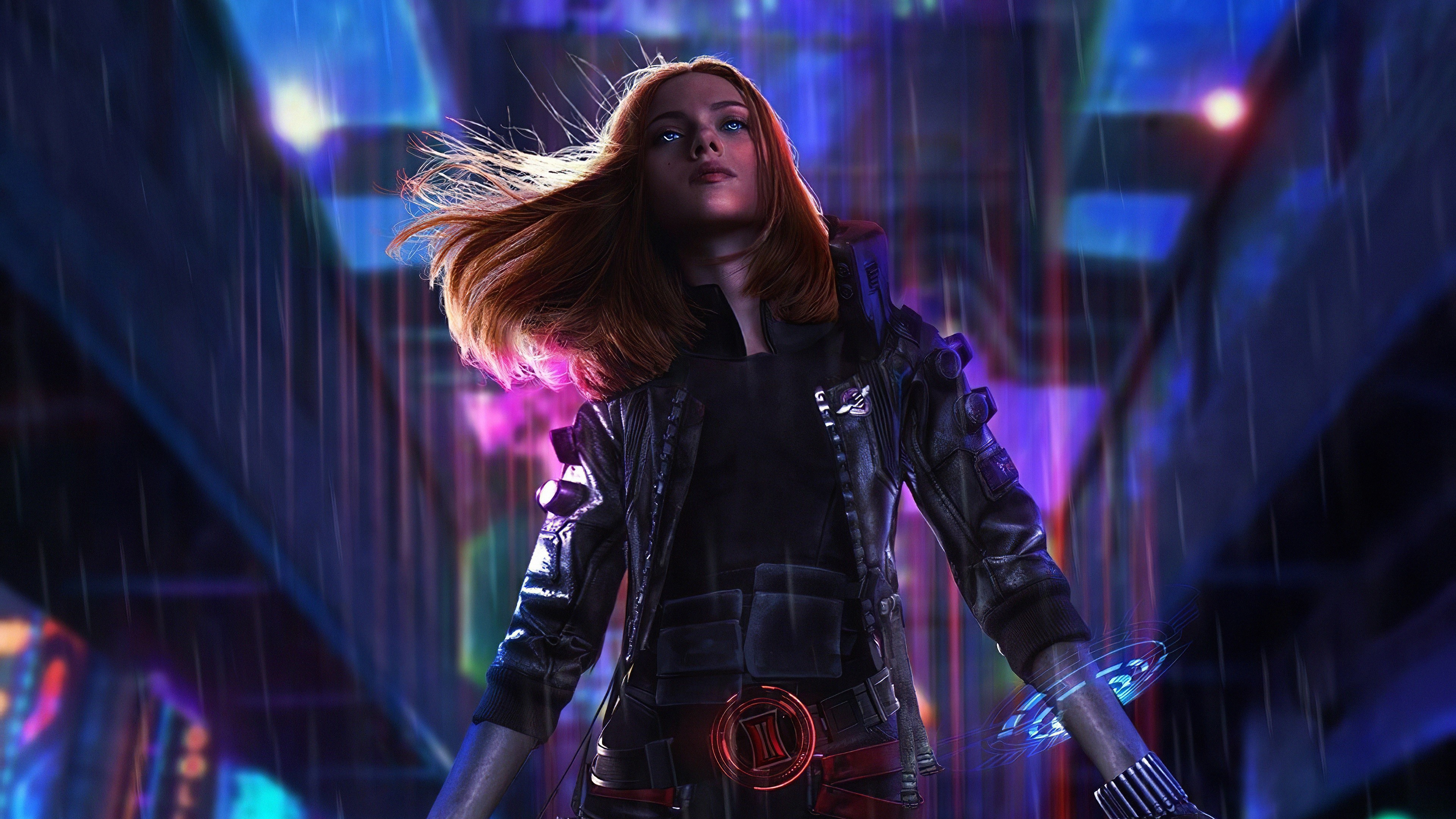 digital, women, cyberpunk, warrior, redhead, science fiction, fantasy girl, rain, futuristic, robot, fan art, blue eyes, video games, modern, artwork, jacket, hair blowing in the wind, Scarlett Johansson, Black Widow, HD Wallpaper
