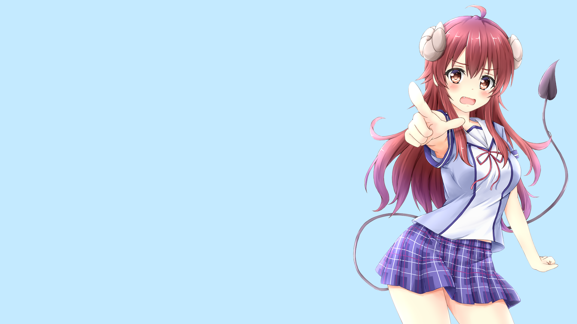 Machikado Mazoku, simple background, blue, Yoshida Yuuko, redhead, anime, anime girls, school uniform, white skin, demon girl, HD Wallpaper