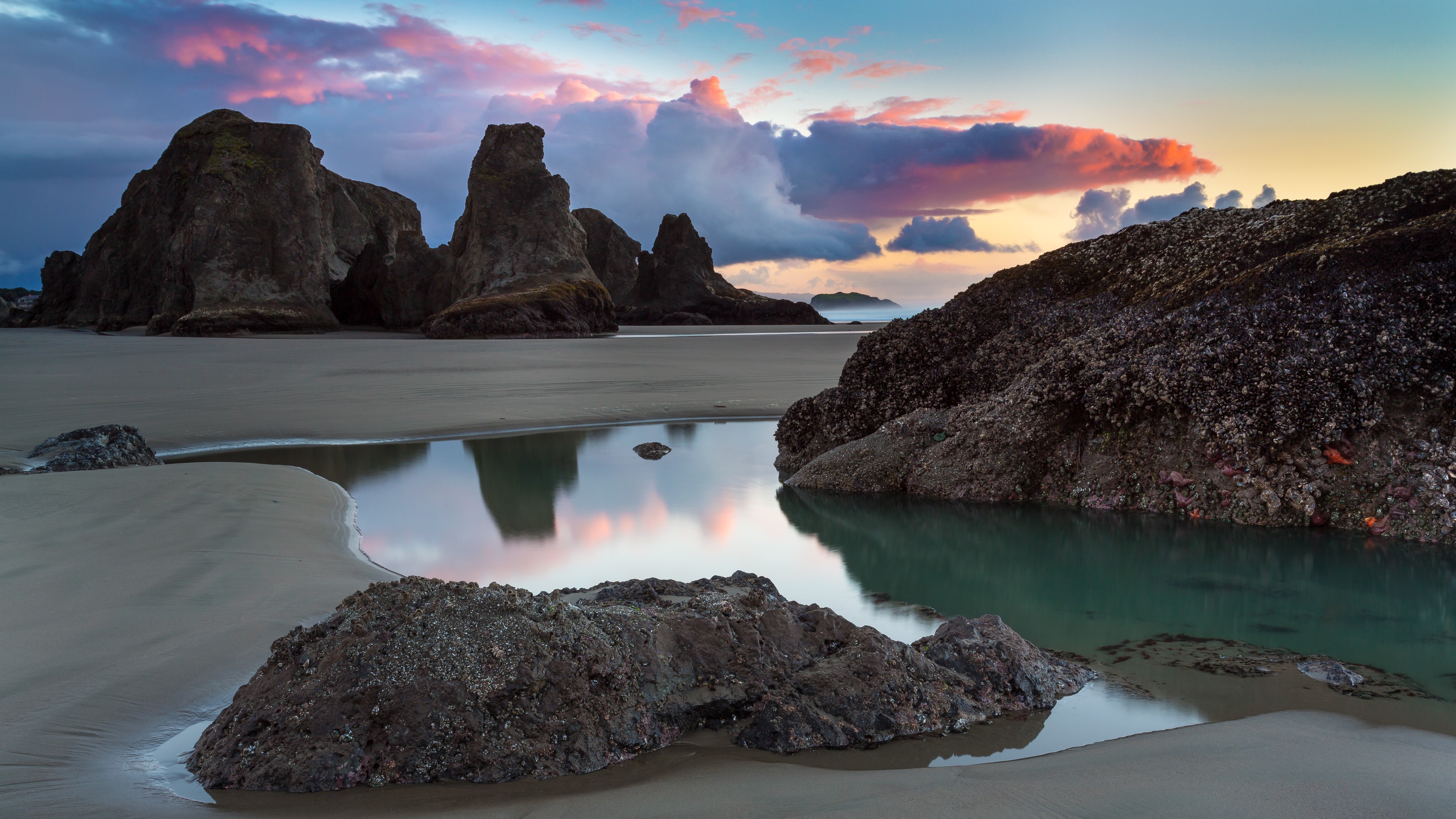 rocks, water, sand, clouds, sky, nature, HD Wallpaper