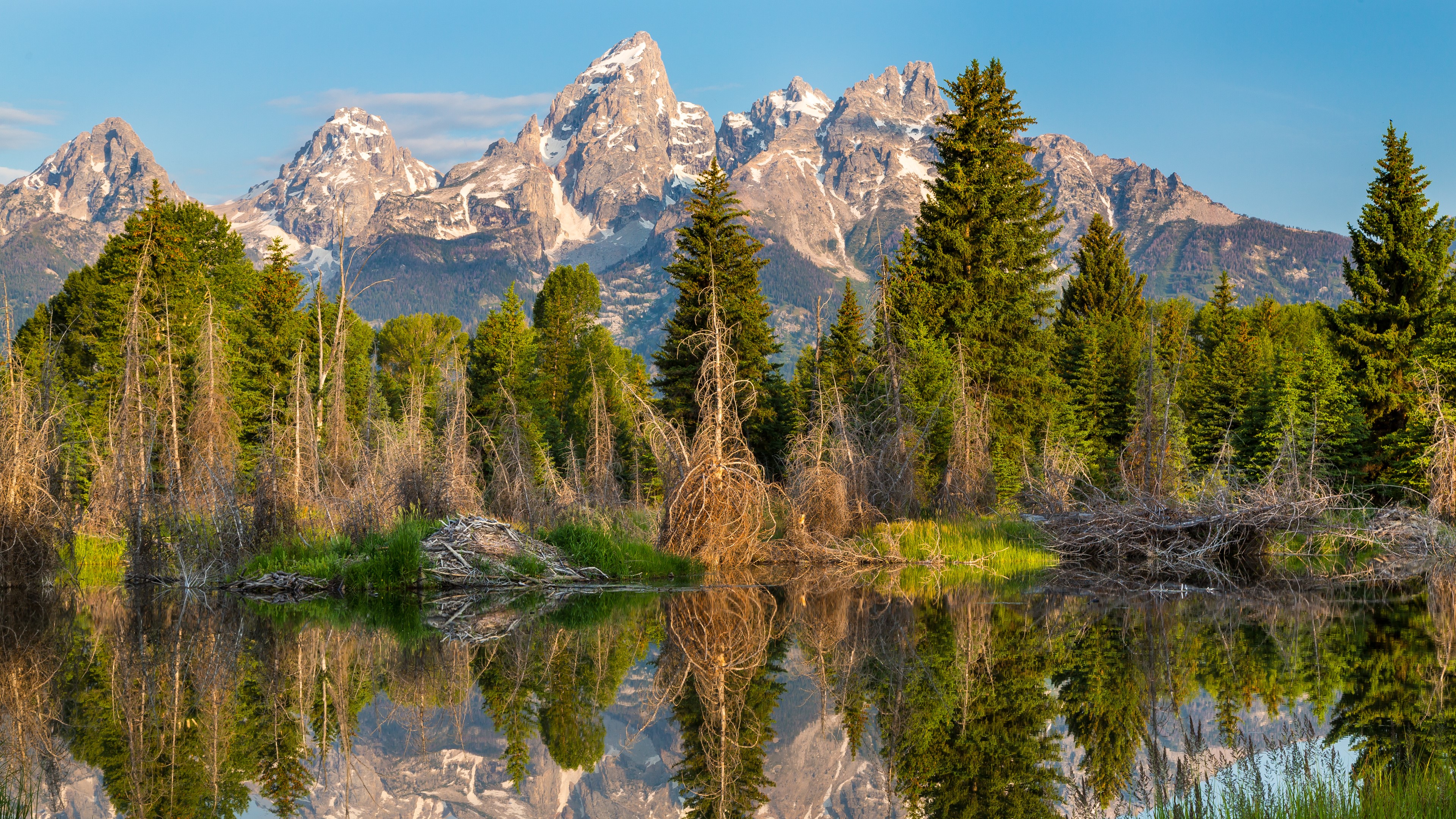 nature, mountains, water, sky blue, forest, rocks, landscape, snow, HD Wallpaper