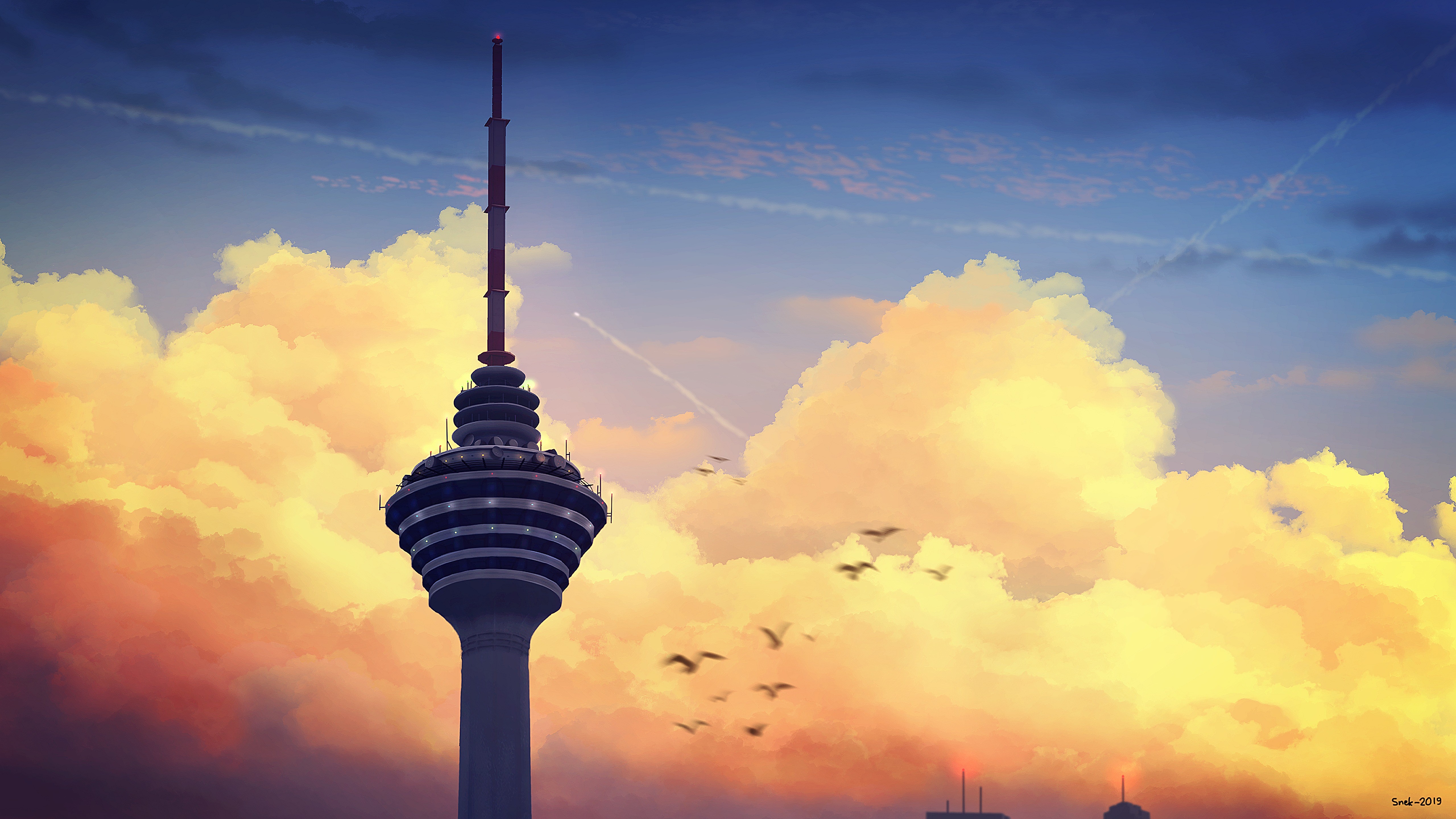 tower, drawing, birds, clouds, sky, HD Wallpaper