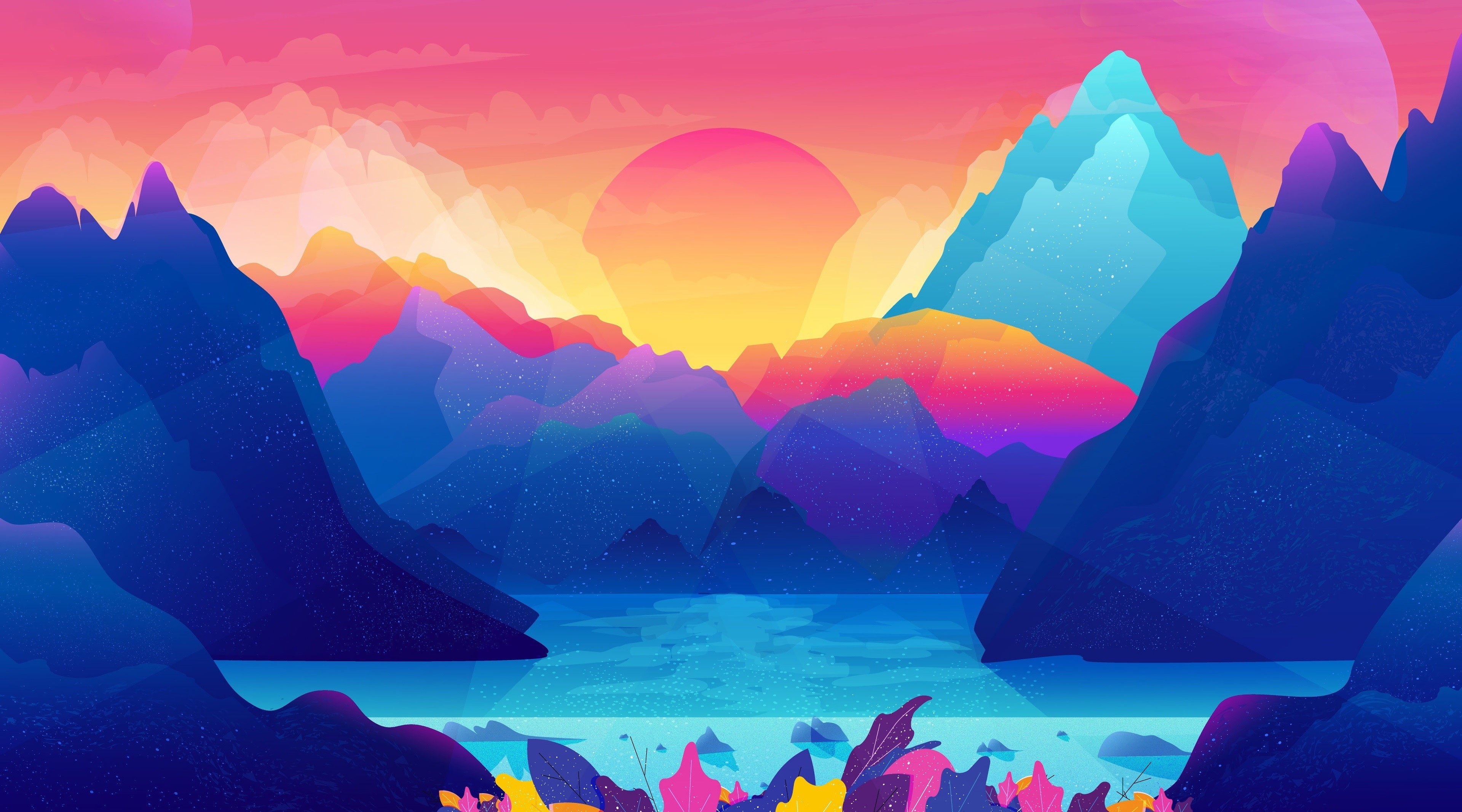 abstract, artwork, colorful, hills, leaves, Sun, water, HD Wallpaper
