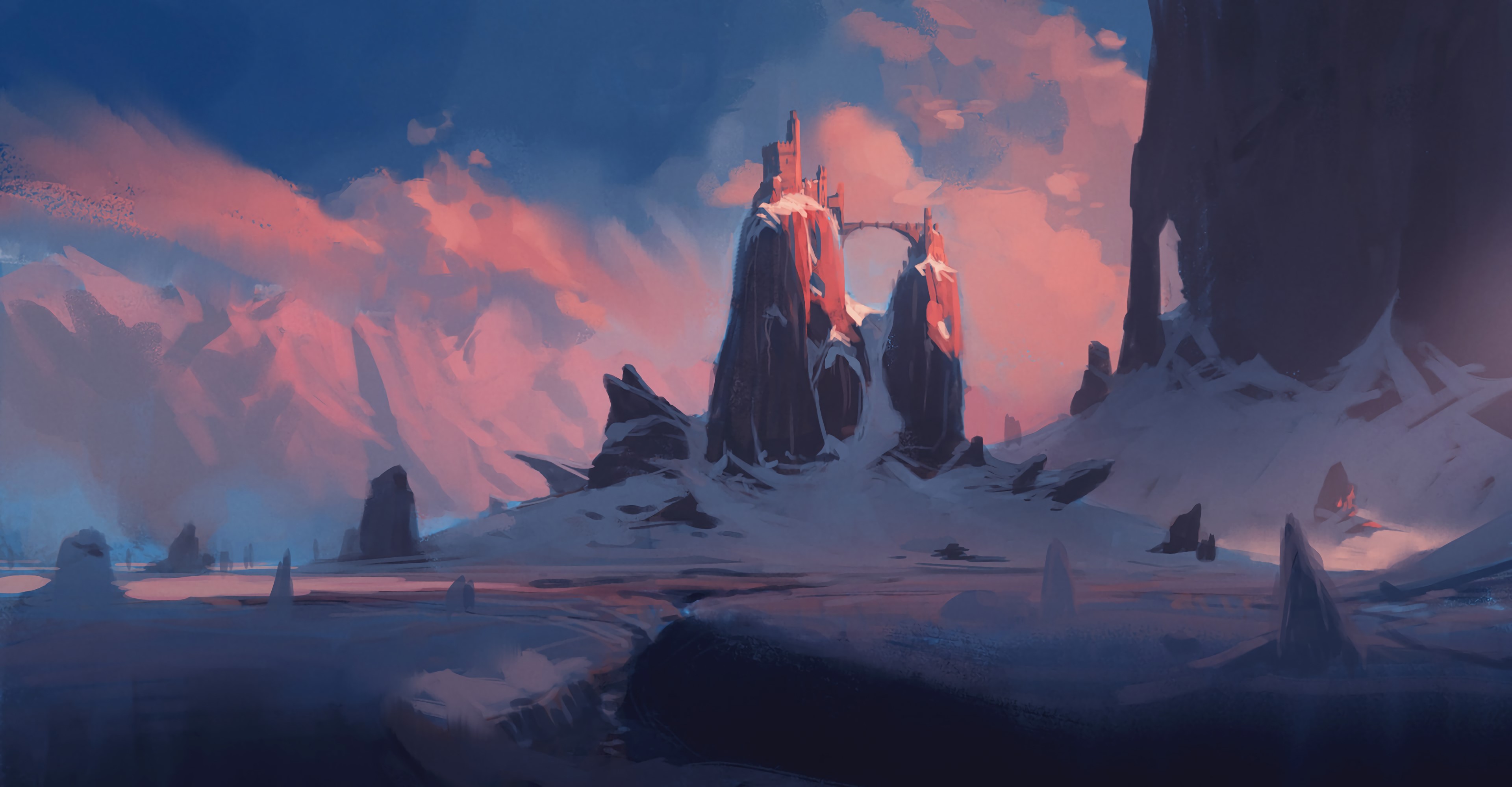 drawing, rocks, bridge, snow, clouds, sky, landscape, HD Wallpaper