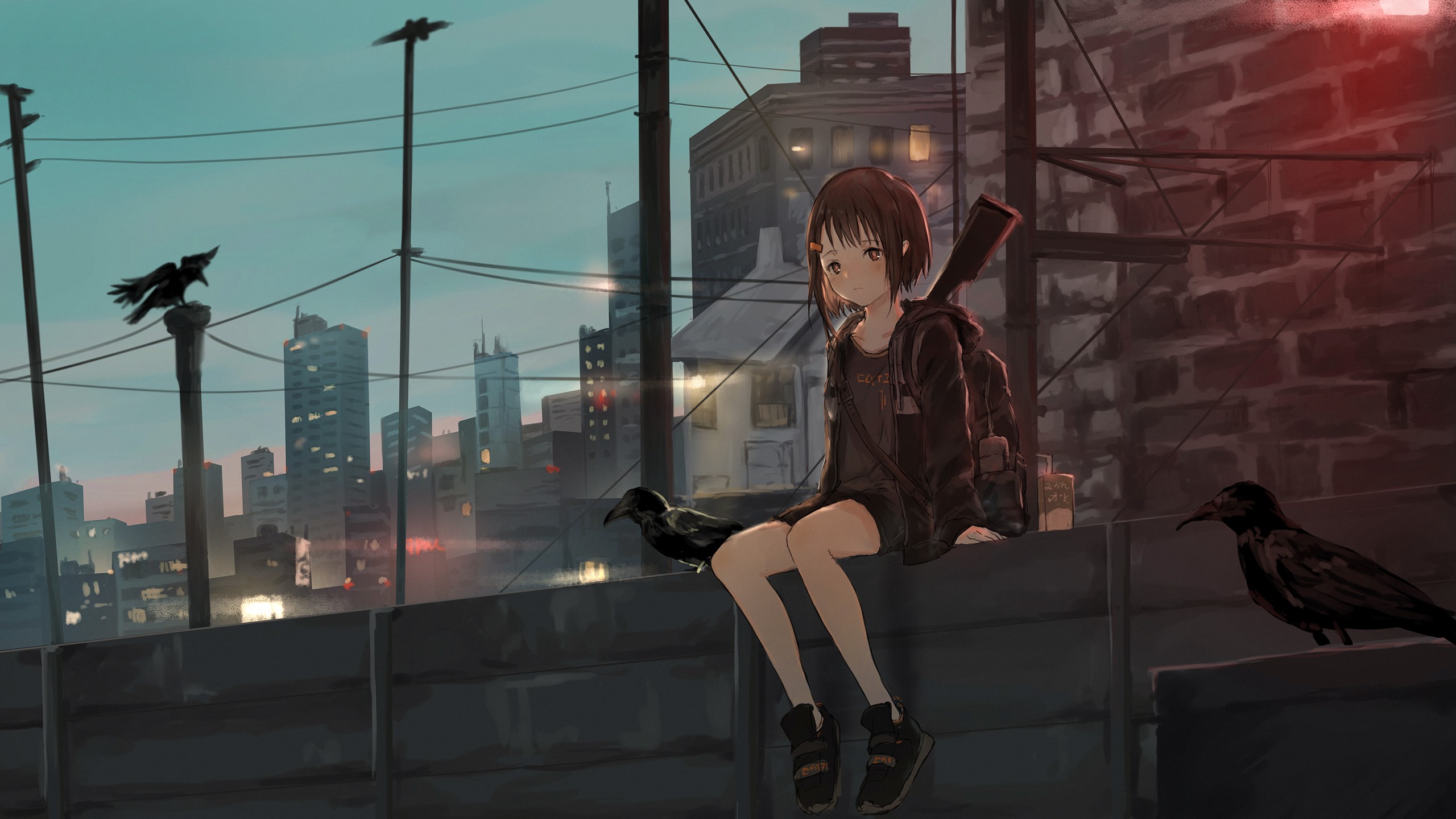 anime, anime girls, city, catzz, crow, gun, weapon, HD Wallpaper