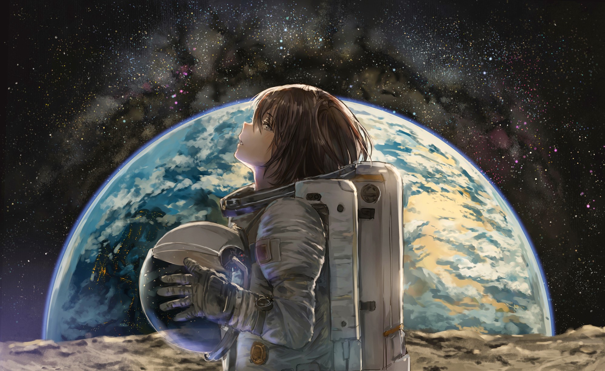 anime, anime girls, astronaut, Earth, catzz, HD Wallpaper