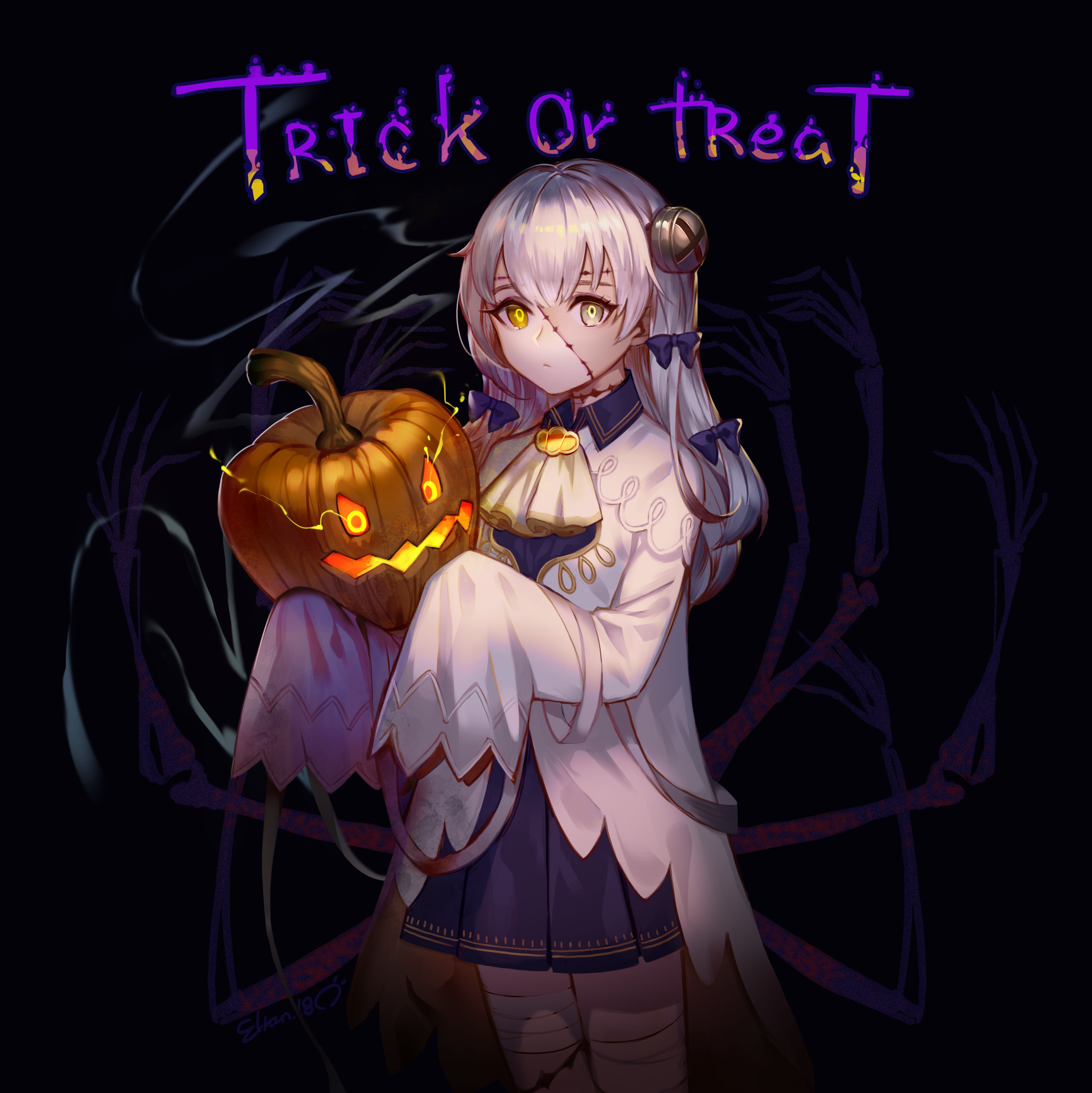Halloween, dark, thigh-highs, torn clothes, pumpkin, HD Wallpaper