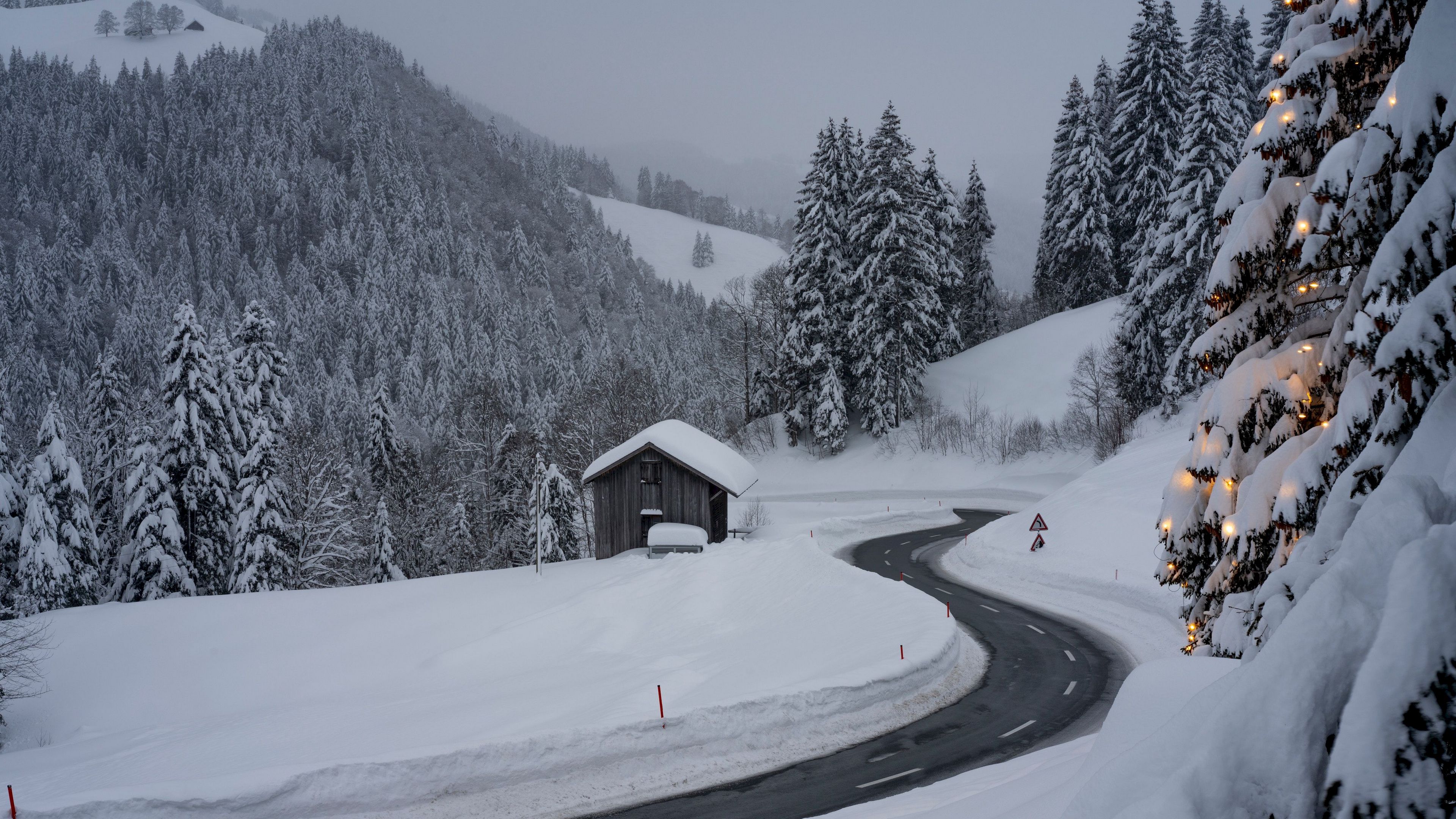 road, snow, winter, turn, 4k, HD Wallpaper