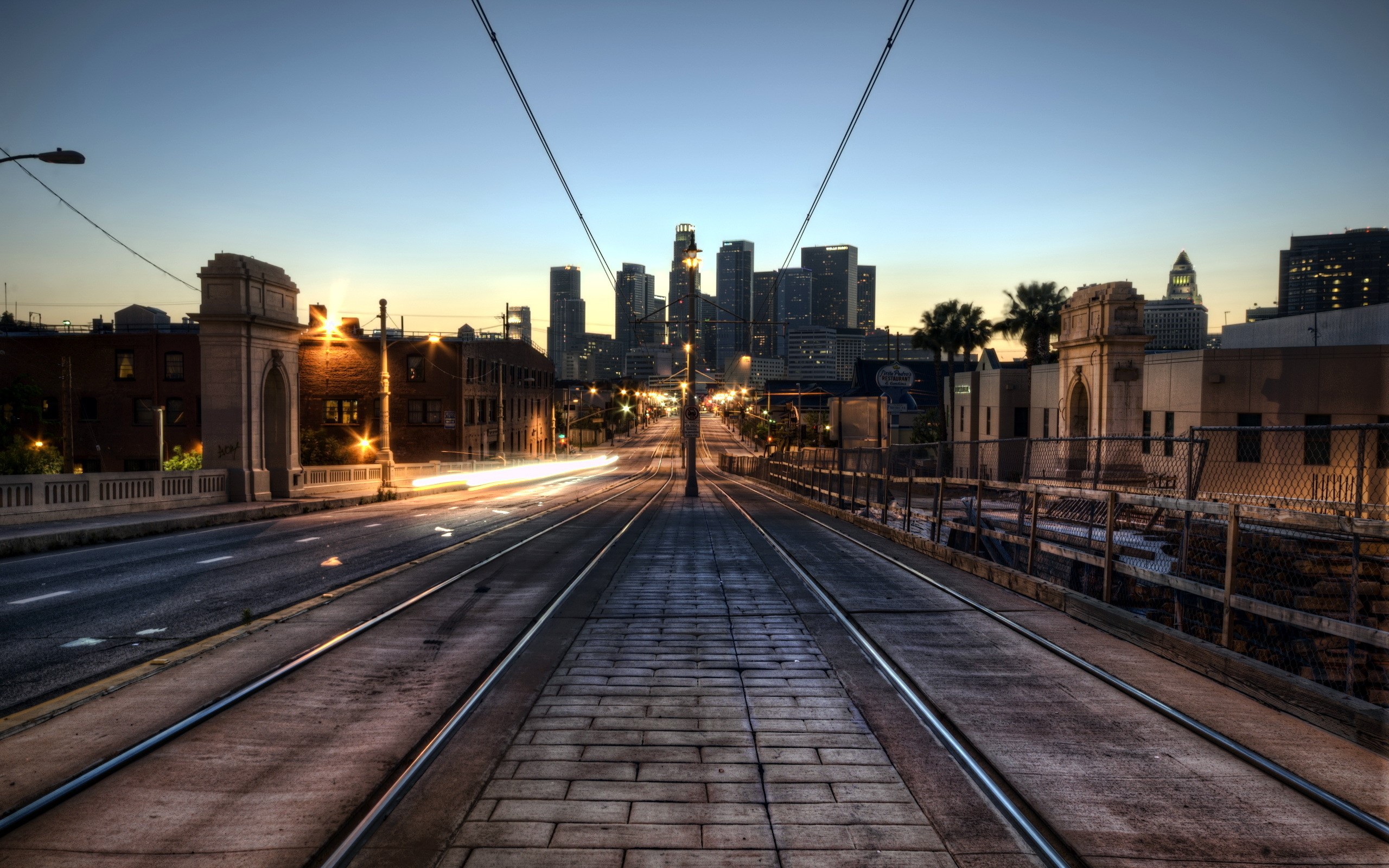 cityscape, tram, city, lights, HD Wallpaper