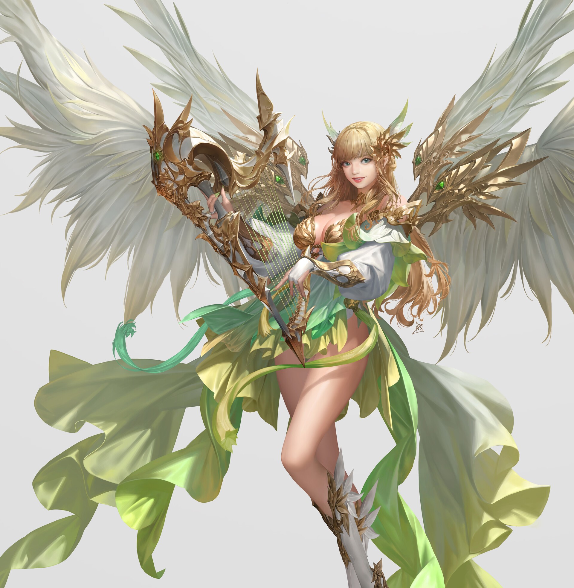 Daeho Cha, drawing, women, blonde, hair accessories, wings, dress, HD Wallpaper