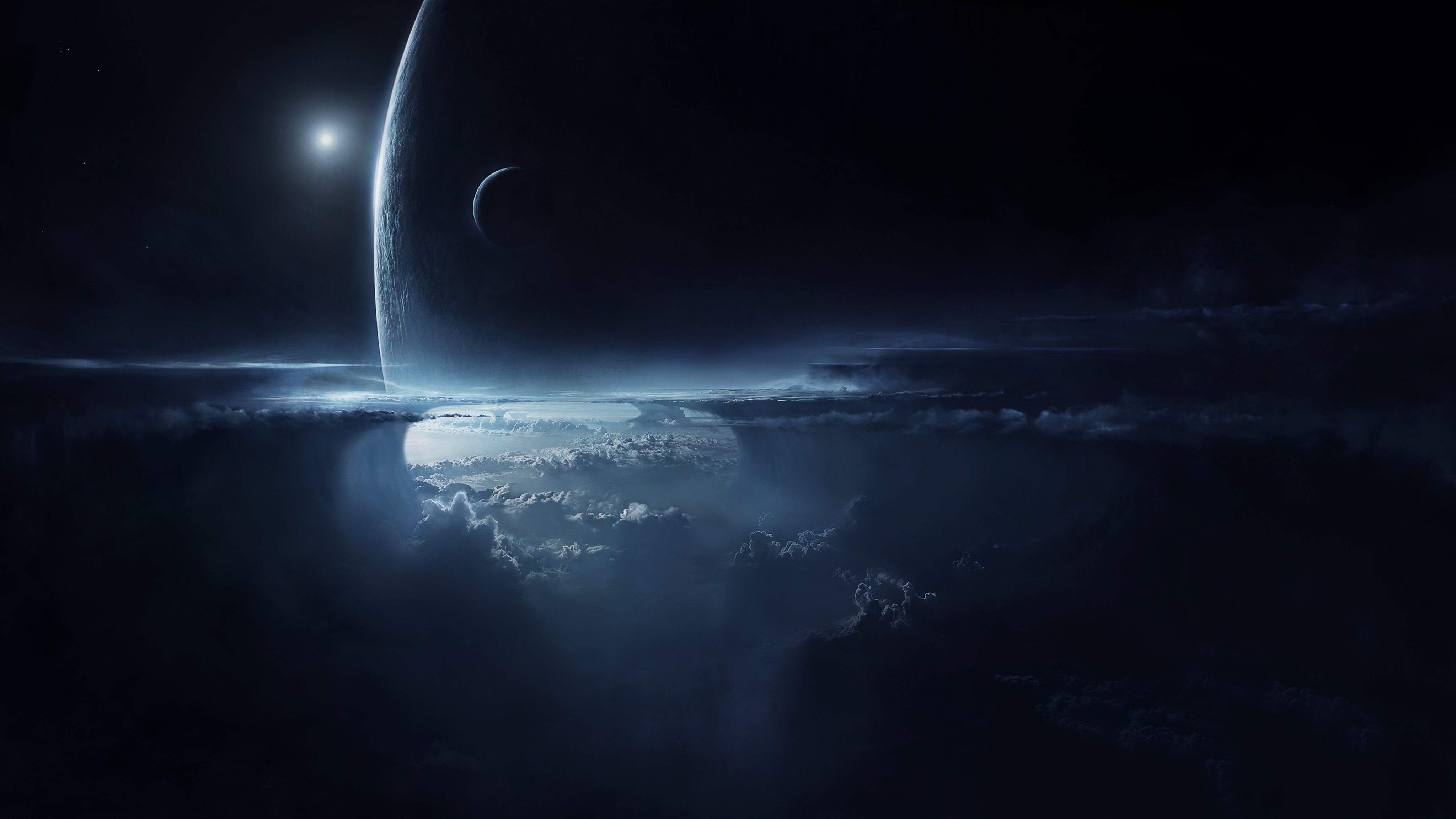 landscape, nature, space, planet, universe, digital, digital art, artwork, illustration, drawing, digital painting, dark, dusk, night, night sky, mist, satellite, HD Wallpaper