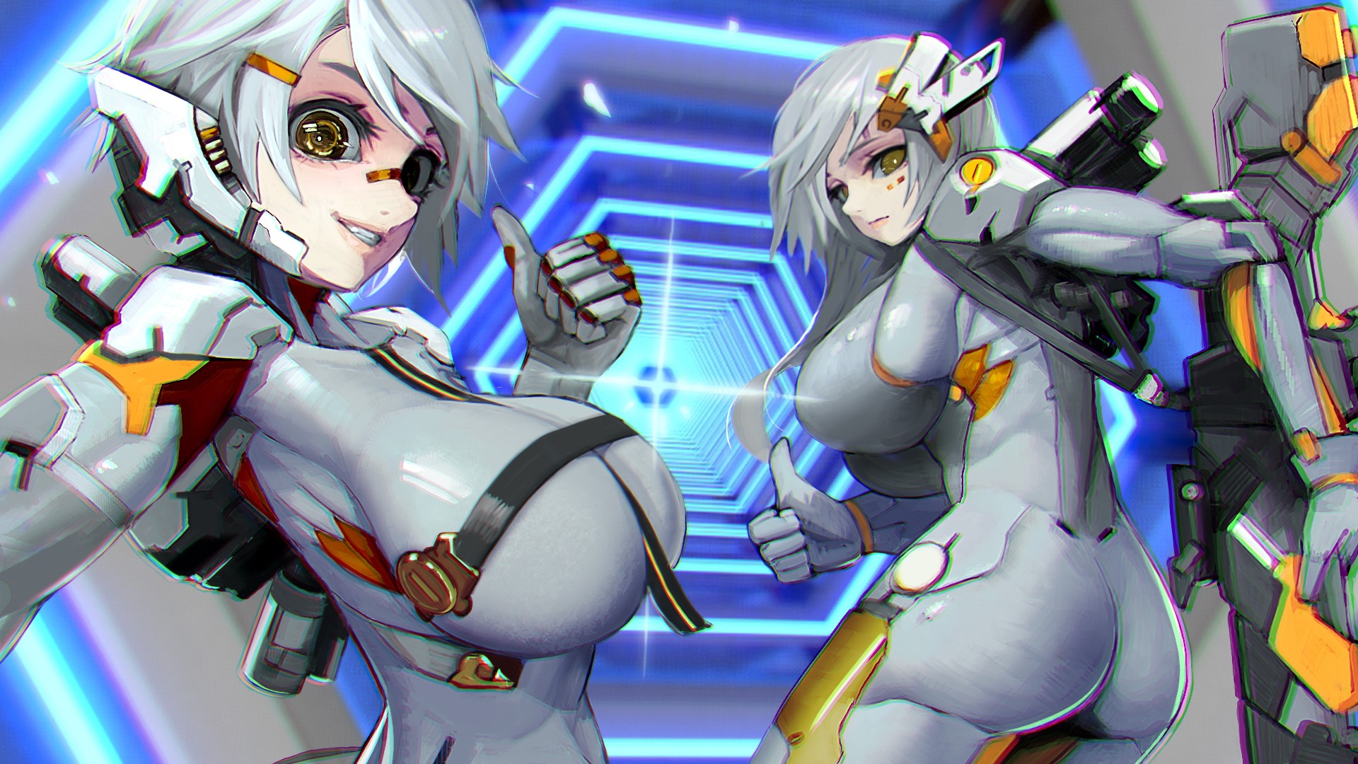 chromatic aberration, big boobs, bodysuit, HD Wallpaper
