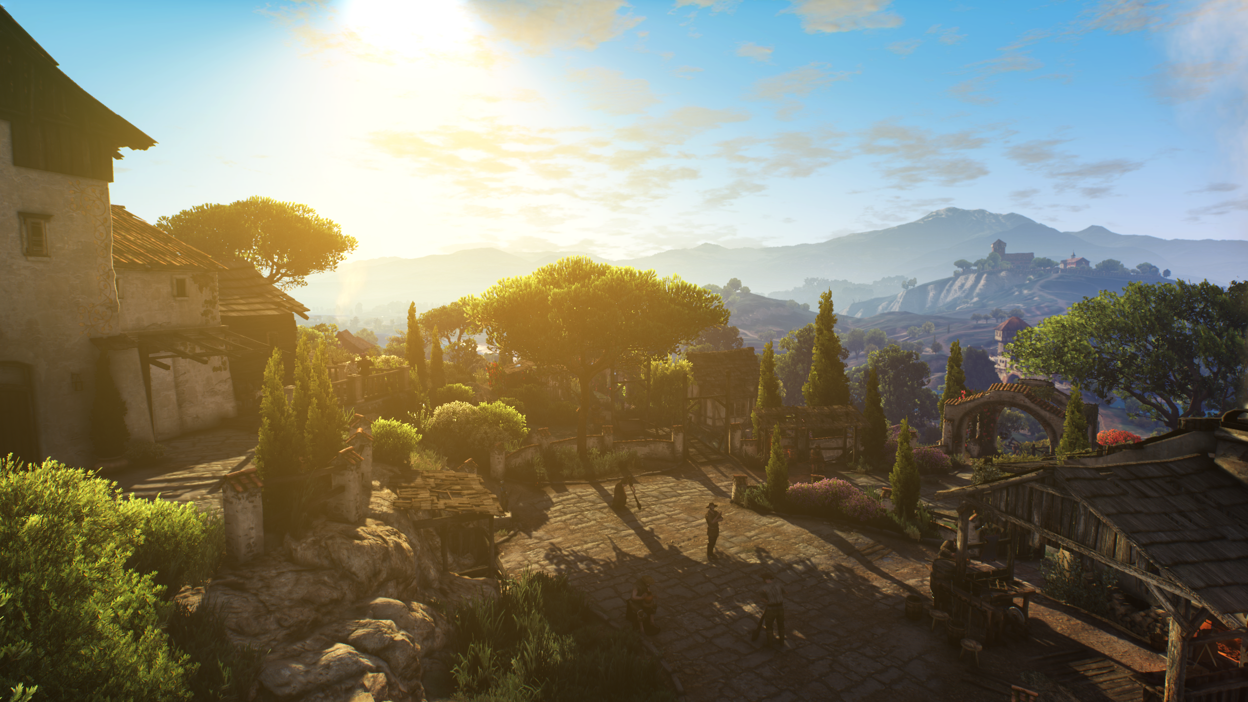 The Witcher, The Witcher 3: Wild Hunt, landscape, Sun, village, trees, flowers, mountains, HD Wallpaper
