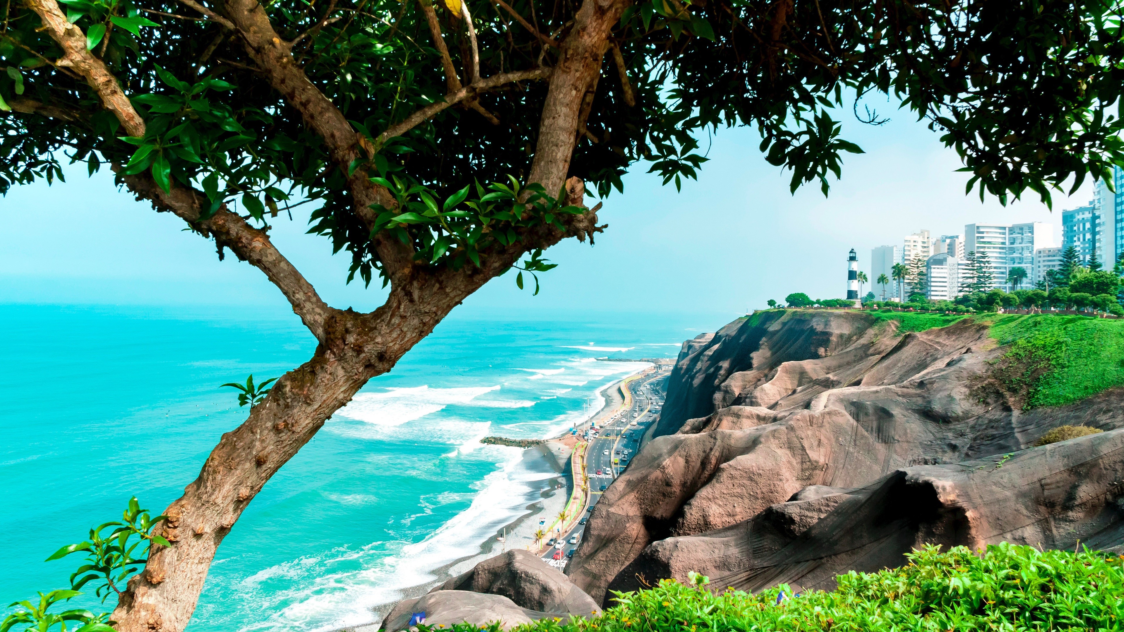 plants, nature, water, sea, waves, building, rocks, sky, blue, green, landscape, turquoise, lighthouse, car, road, grass, palm trees, HD Wallpaper