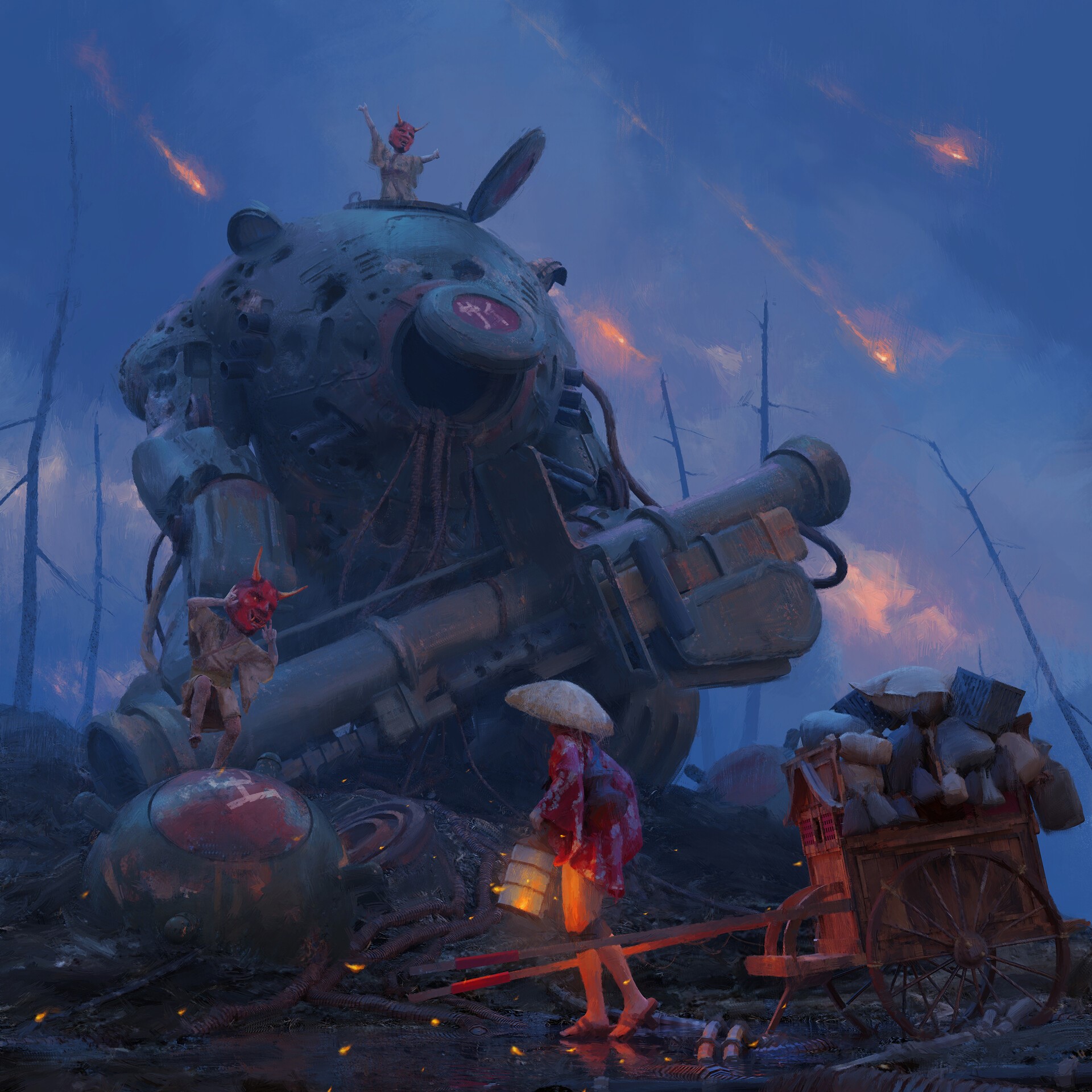 mech, demon, mask, weapon, horns, eastern, wires, debris, cannons, lantern, children, women, fire, HD Wallpaper