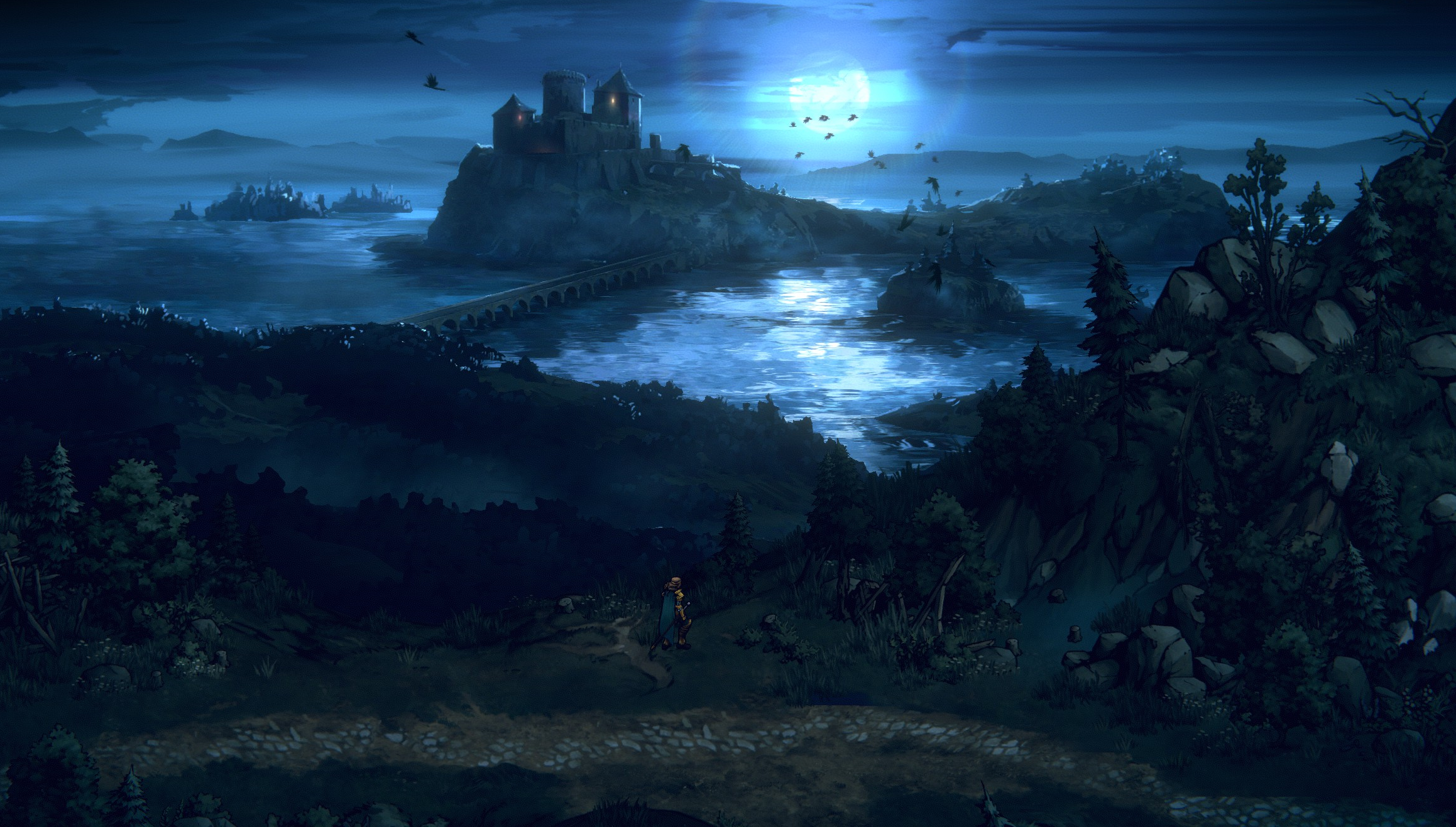 Thronebreaker: The Witcher Tales, night, Moon, video games, landscape, castle, river, bridge, birds, atmosphere, mist, HD Wallpaper