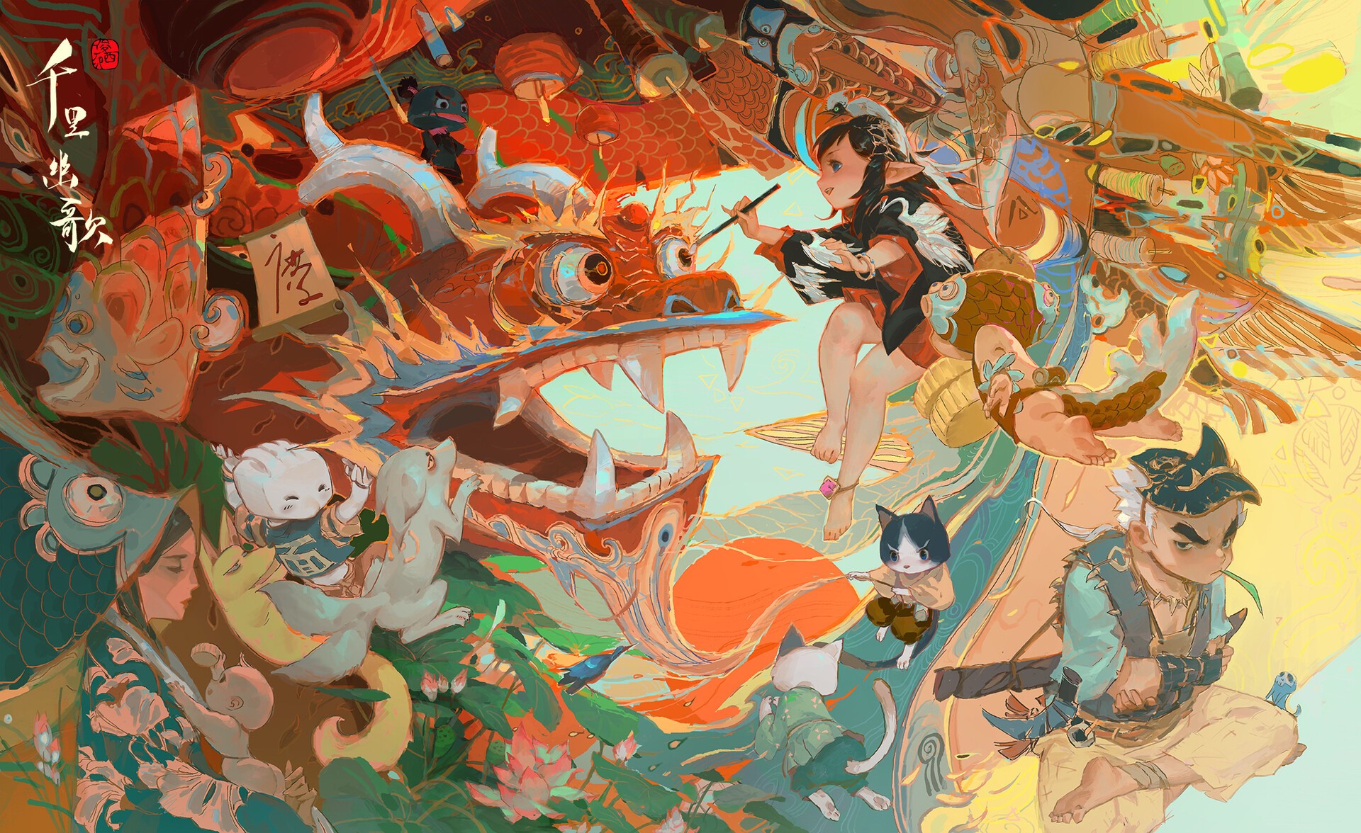 colorful, eastern, dragon, mask, fox, brush, abstract, cranes, digital art, painting, cats, fish, carp, thread, birds, horns, scales, kimono, baby, water, scrolls, lantern, Chinese characters, HD Wallpaper