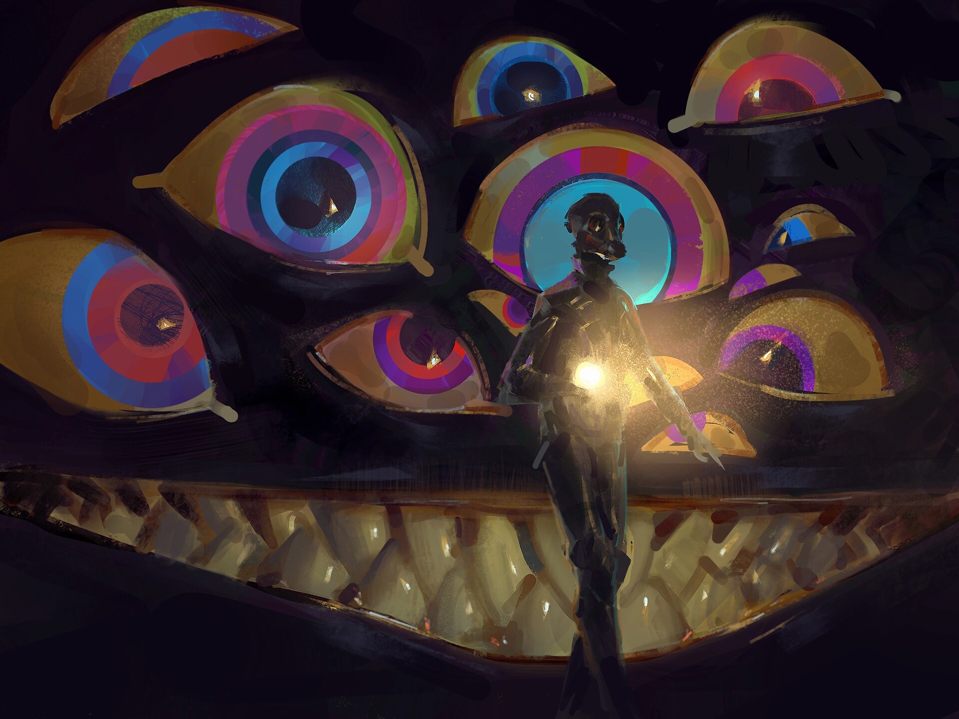 fantasy art, eyes, flashlight, teeth, gas masks, creature, HD Wallpaper