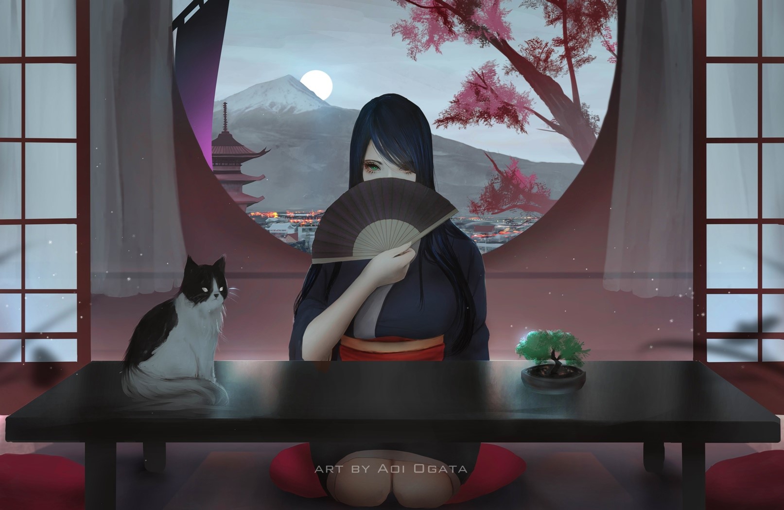 women, Asian, blue hair, long hair, looking at viewer, fans, kimono, kneeling, city, mountains, moonlight, night, bonsai, table, indoors, artwork, drawing, illustration, digital art, original characters, Aoi Ogata, anime girls, anime, HD Wallpaper