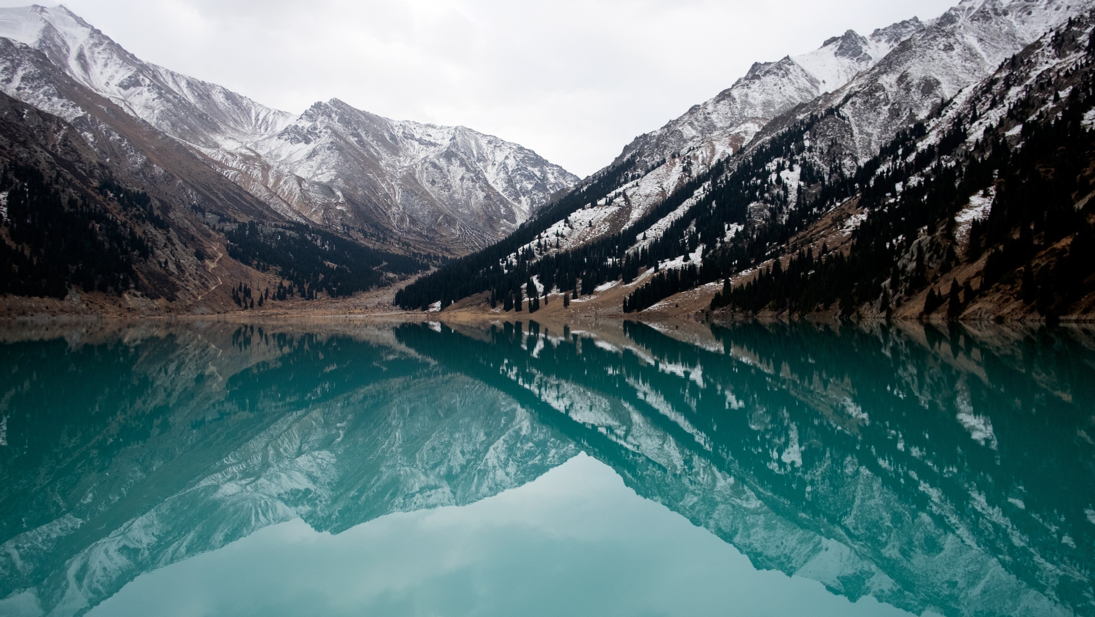 lake, water, wet, sky, mountains, rocks, hills, nature, snow, blue, trees, landscape, HD Wallpaper