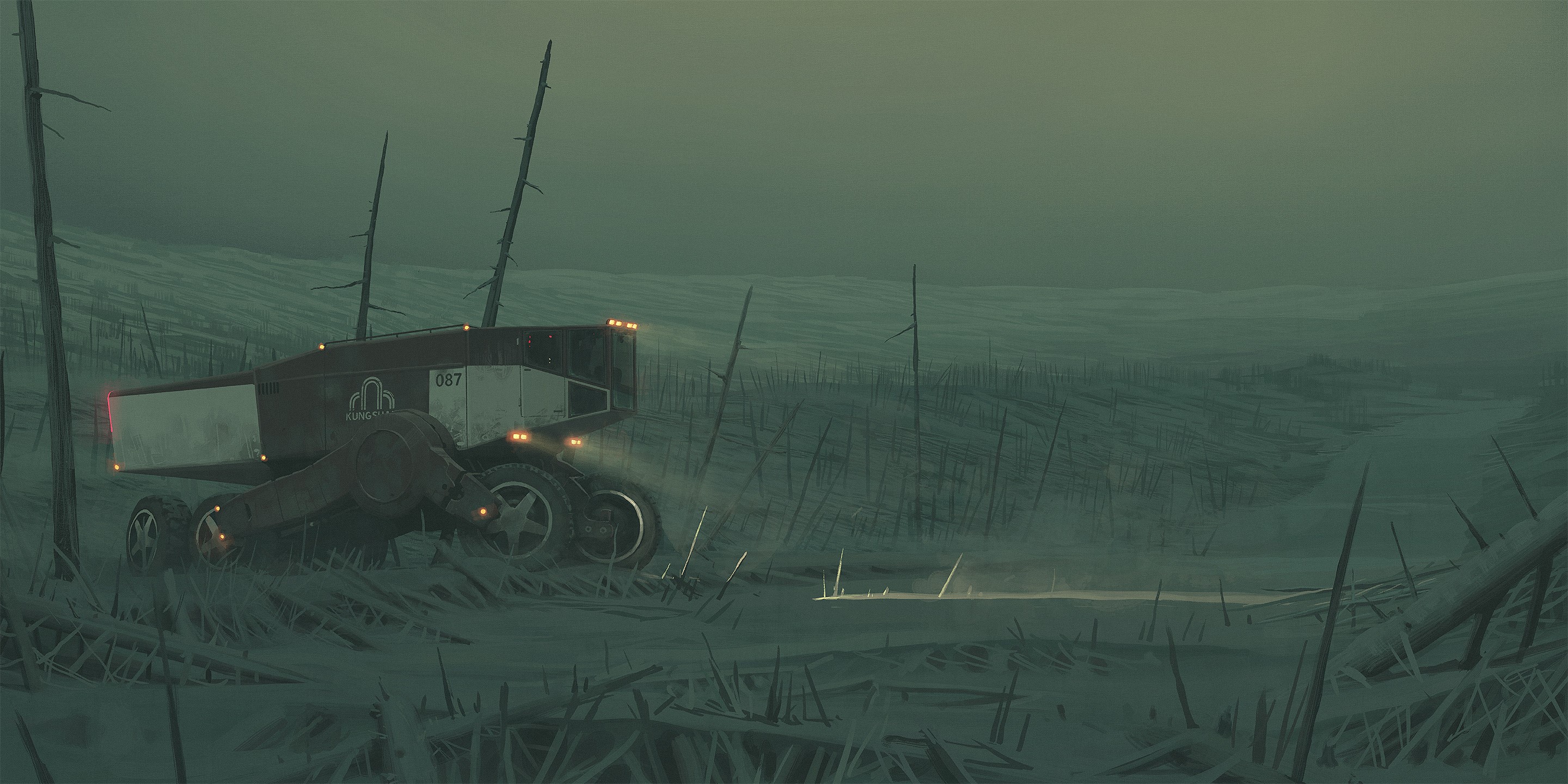 artwork, Simon Stålenhag, futuristic, vehicle, digital art, science fiction, numbers, landscape, HD Wallpaper