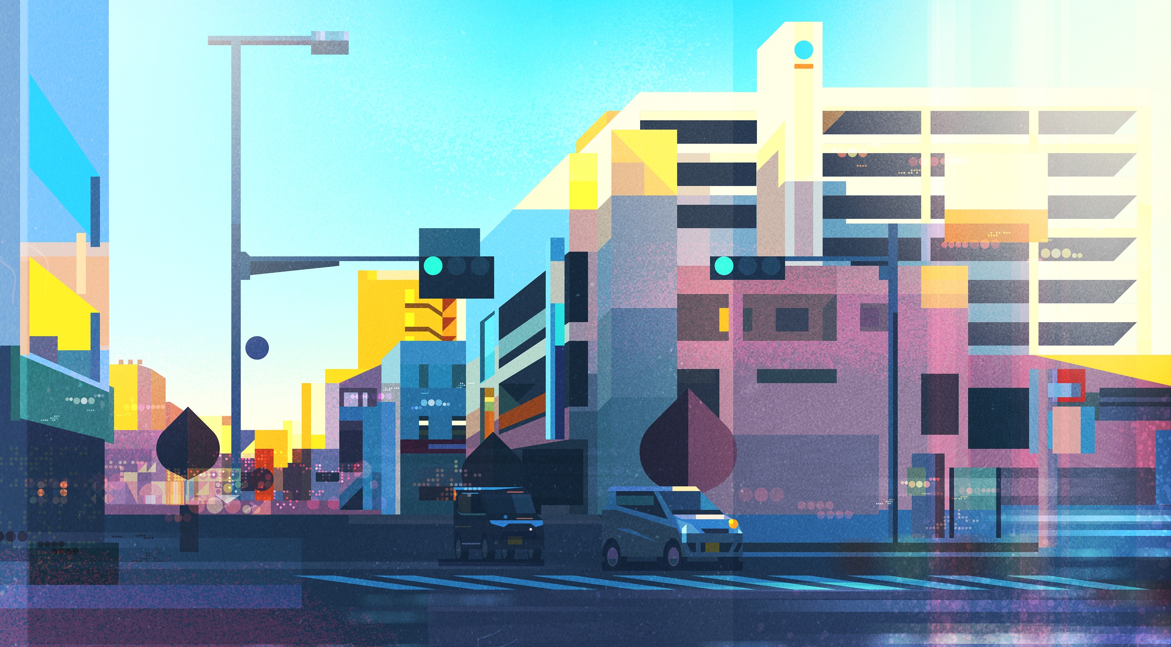 city, cityscape, urban, car, artwork, digital art, illustration, HD Wallpaper