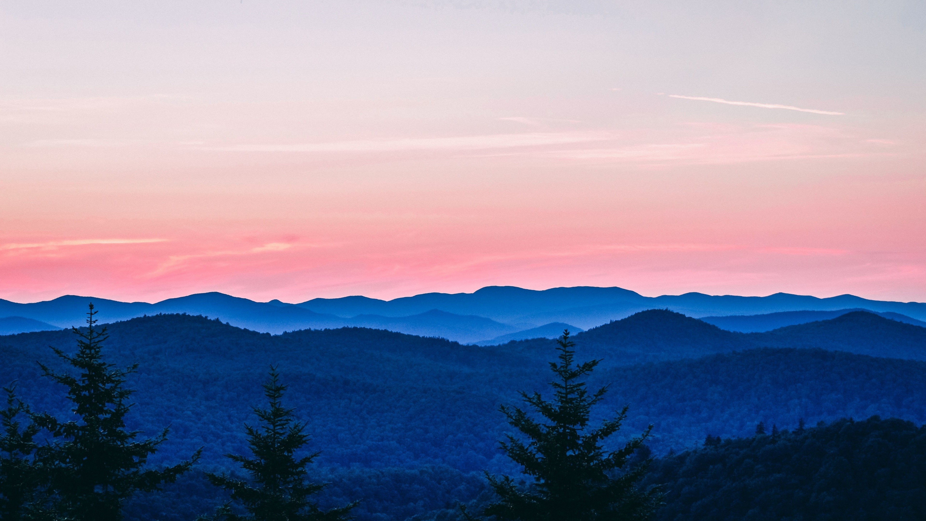 trees, hills, forest, sky, landscape, nature, sunset, HD Wallpaper