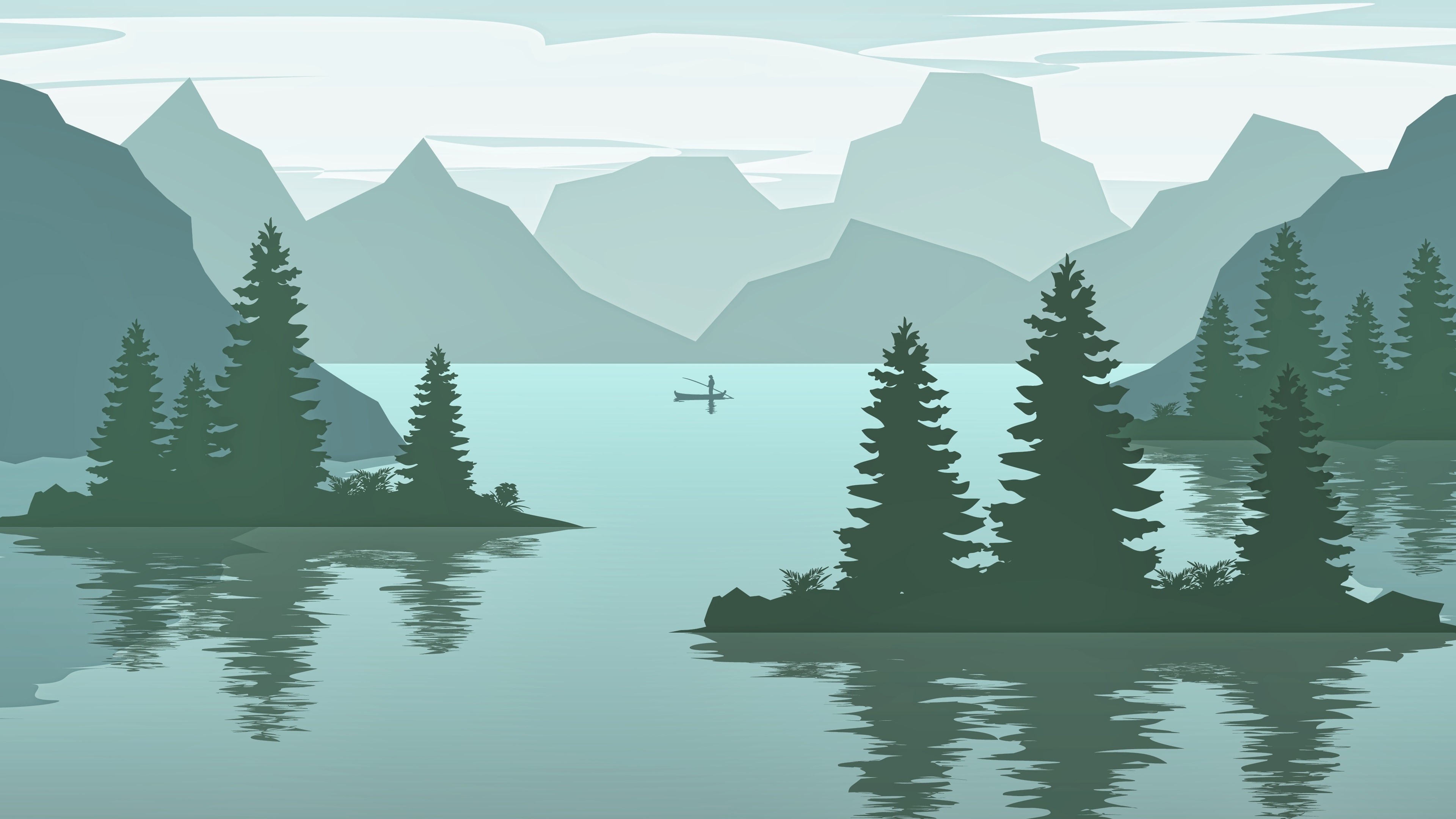 trees, nature, hills, boat, fisherman, water, landscape, artwork, lake, HD Wallpaper