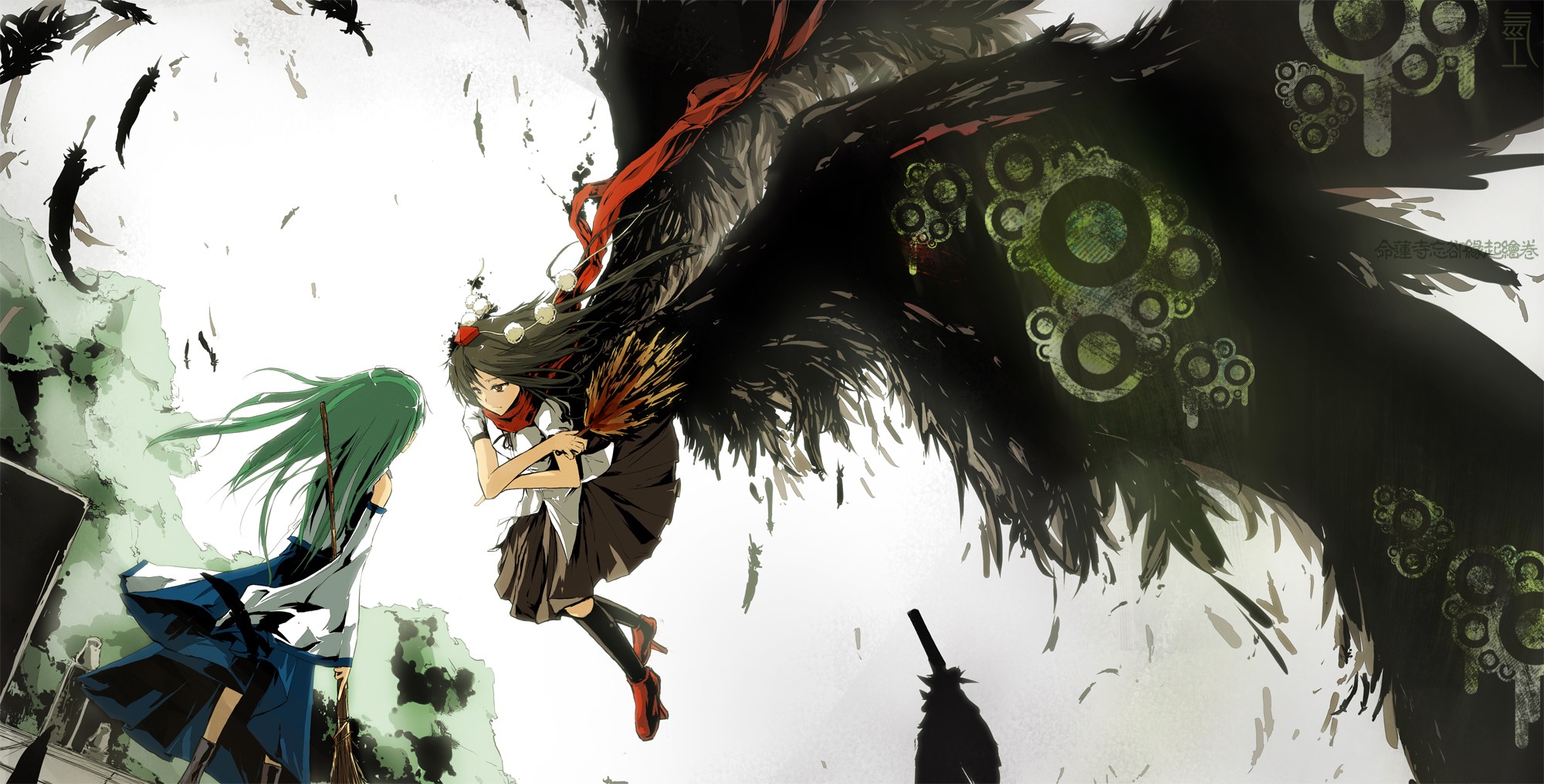 Lowlight Kirilenko, Touhou, anime girls, Shameimaru Aya, Kochiya Sanae, wings, nature, HD Wallpaper