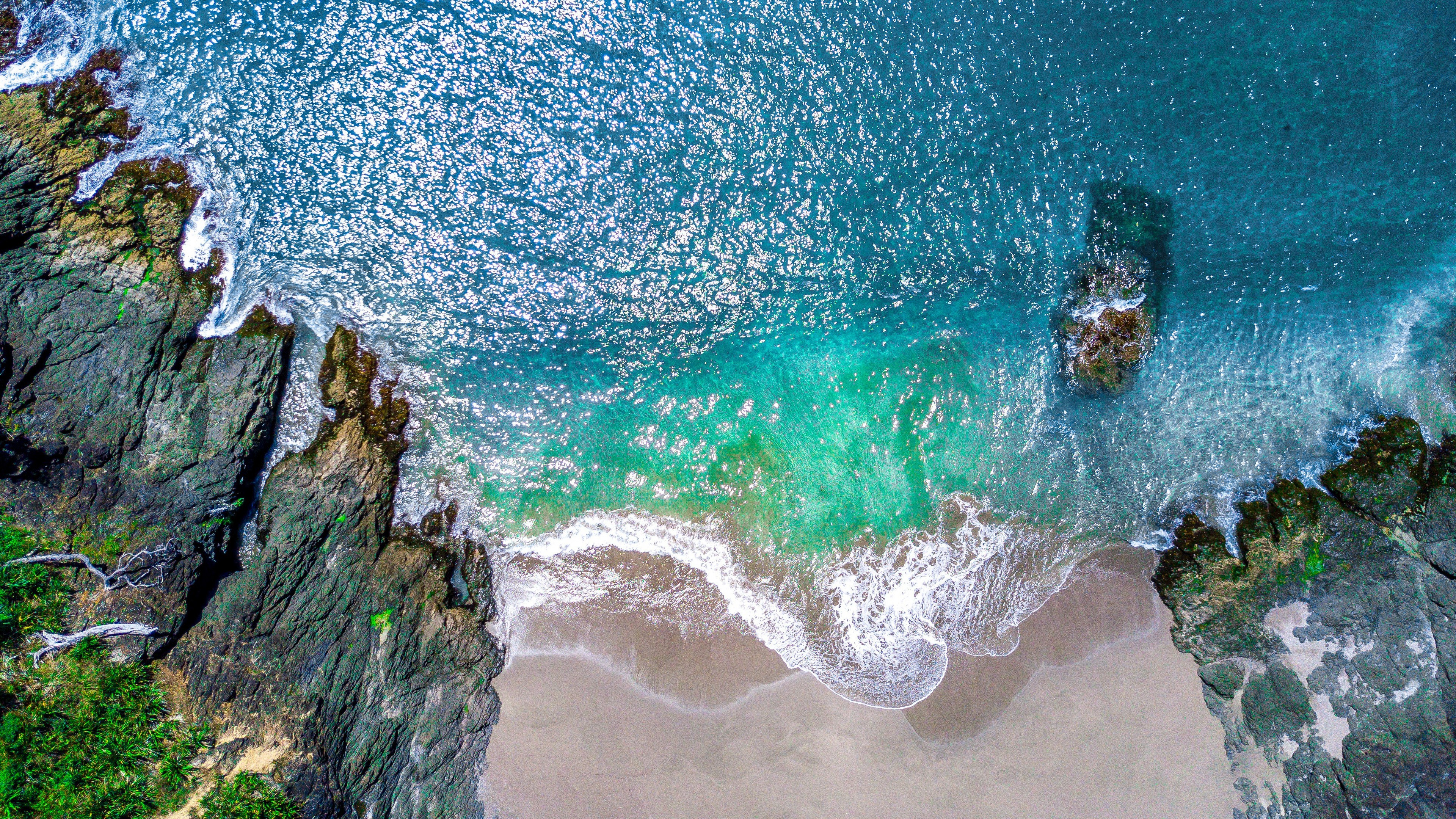 top view, sand, beach, rocks, waves, nature, water, aerial view, HD Wallpaper