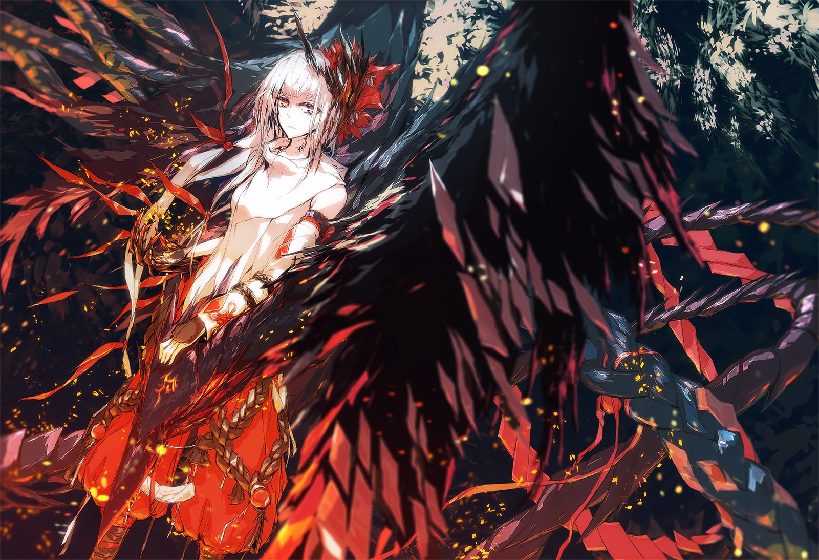 Lowlight Kirilenko, Touhou, anime girls, Fujiwara no Mokou, wings, HD Wallpaper
