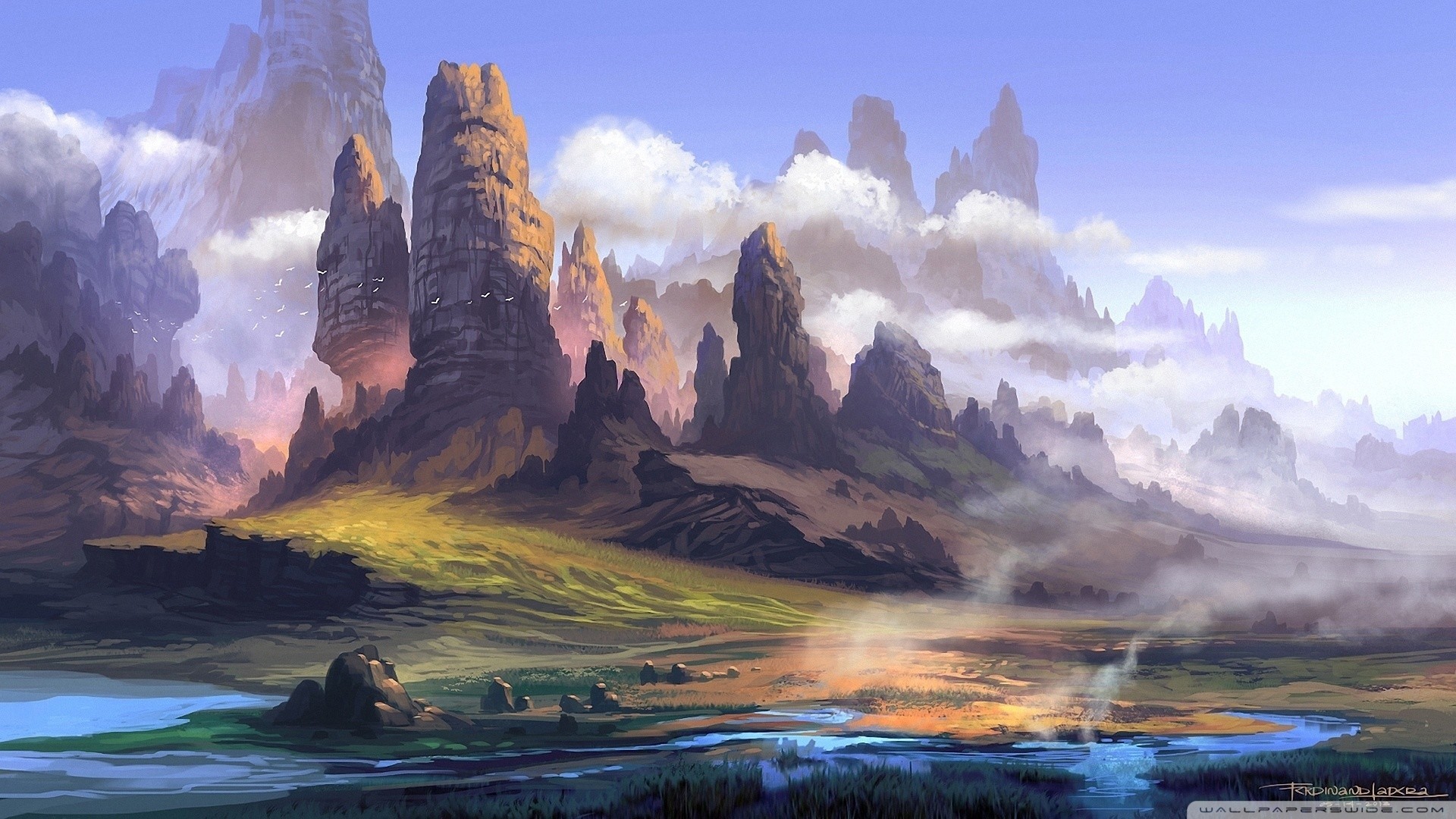 drawing, rocks, nature, landscape, clouds, birds, grass, water, sky, artwork, HD Wallpaper
