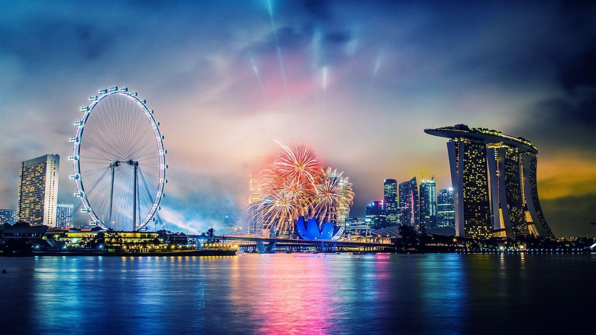 fireworks, building, water, Singapore, HD Wallpaper