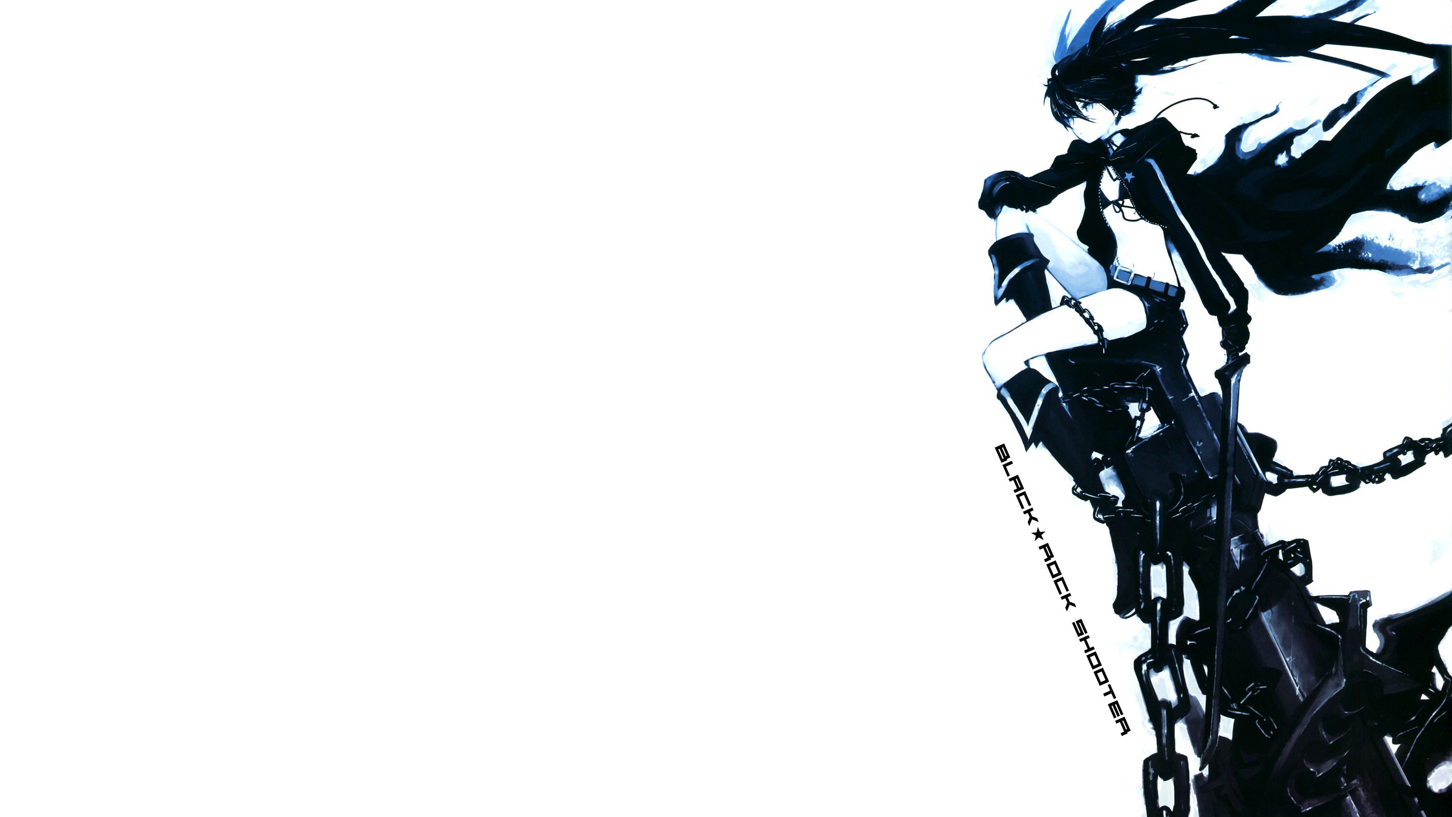 anime girls, Huke (artist), Black Rock Shooter (series), simple background, Black Rock Shooter, long hair, boots, cannons, gun, shorts, chains, weapon, HD Wallpaper