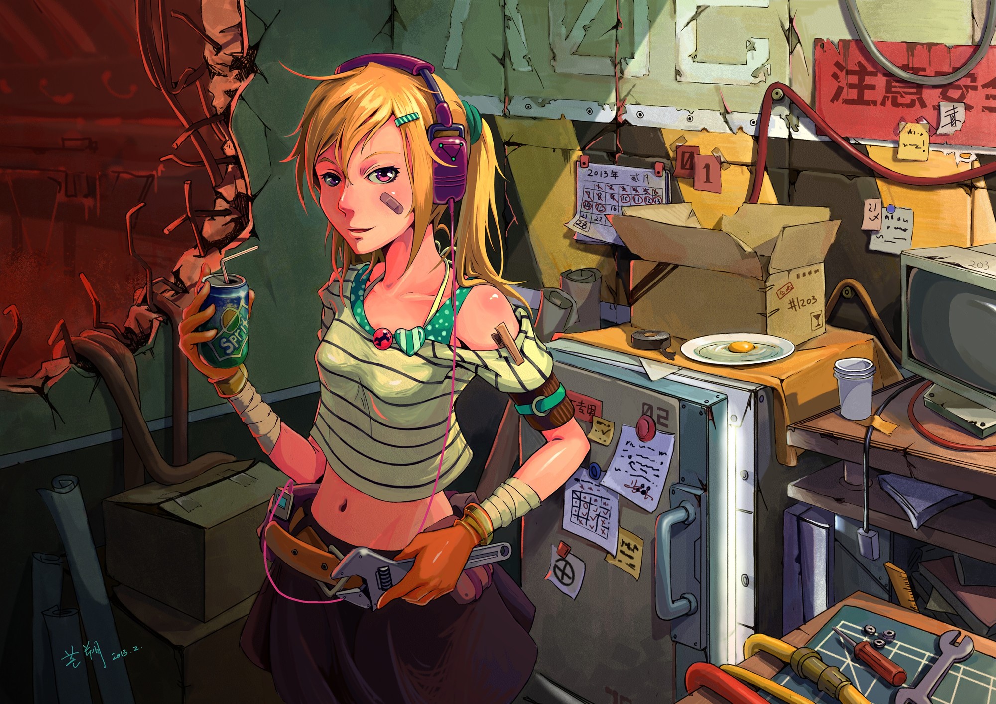 tyc001x, anime girls, original characters, headphones, indoors, shirt, skirt, belt, fridge, wrench, boxes, pink eyes, blonde, TV, bare midriff, crop top, belly button, belly, HD Wallpaper