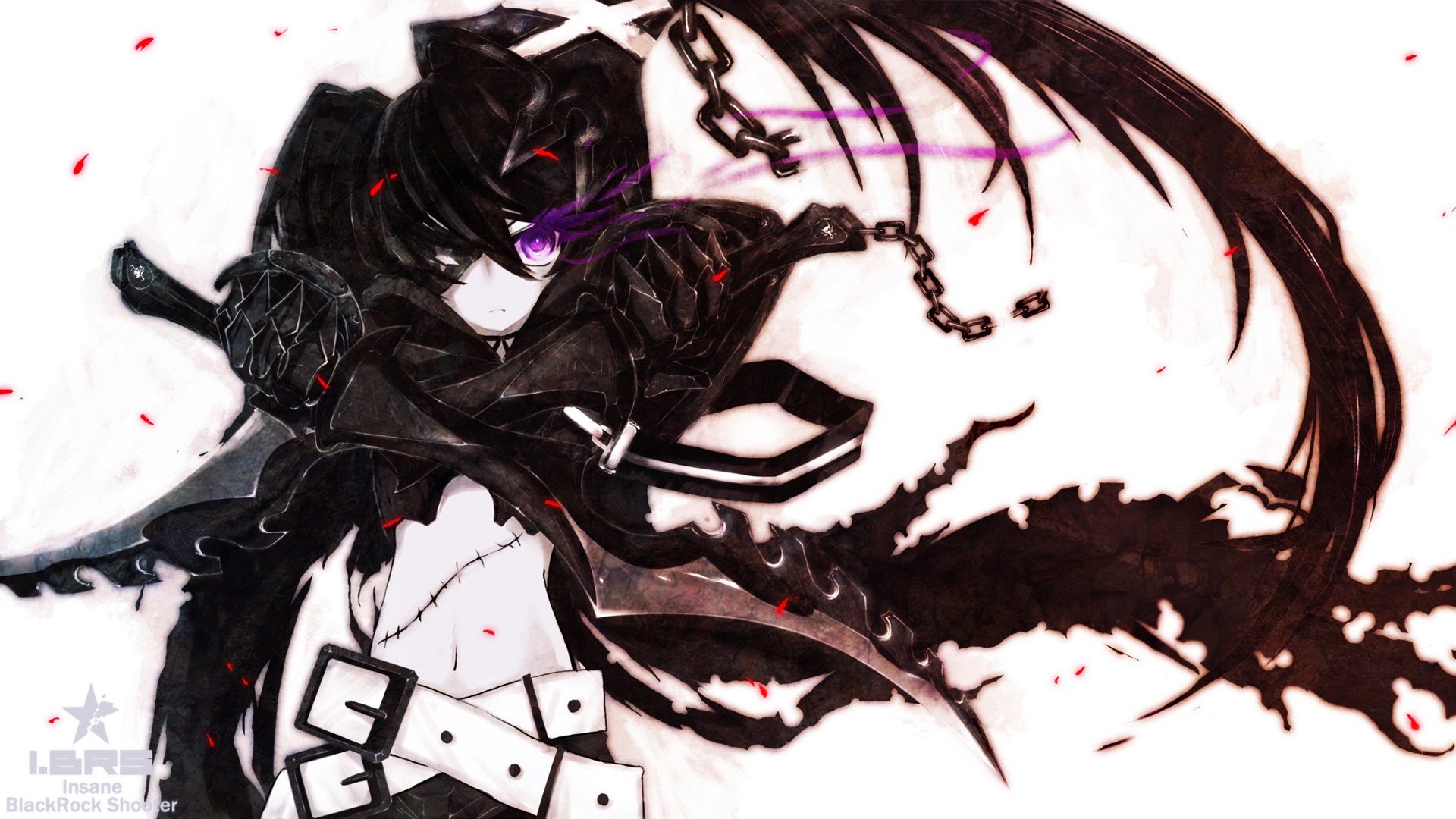 anime girls, Huke (artist), Black Rock Shooter (series), sword, chains, twintails, scars, armor, purple eyes, Insane Black Rock Shooter, black hair, weapon, long hair, HD Wallpaper