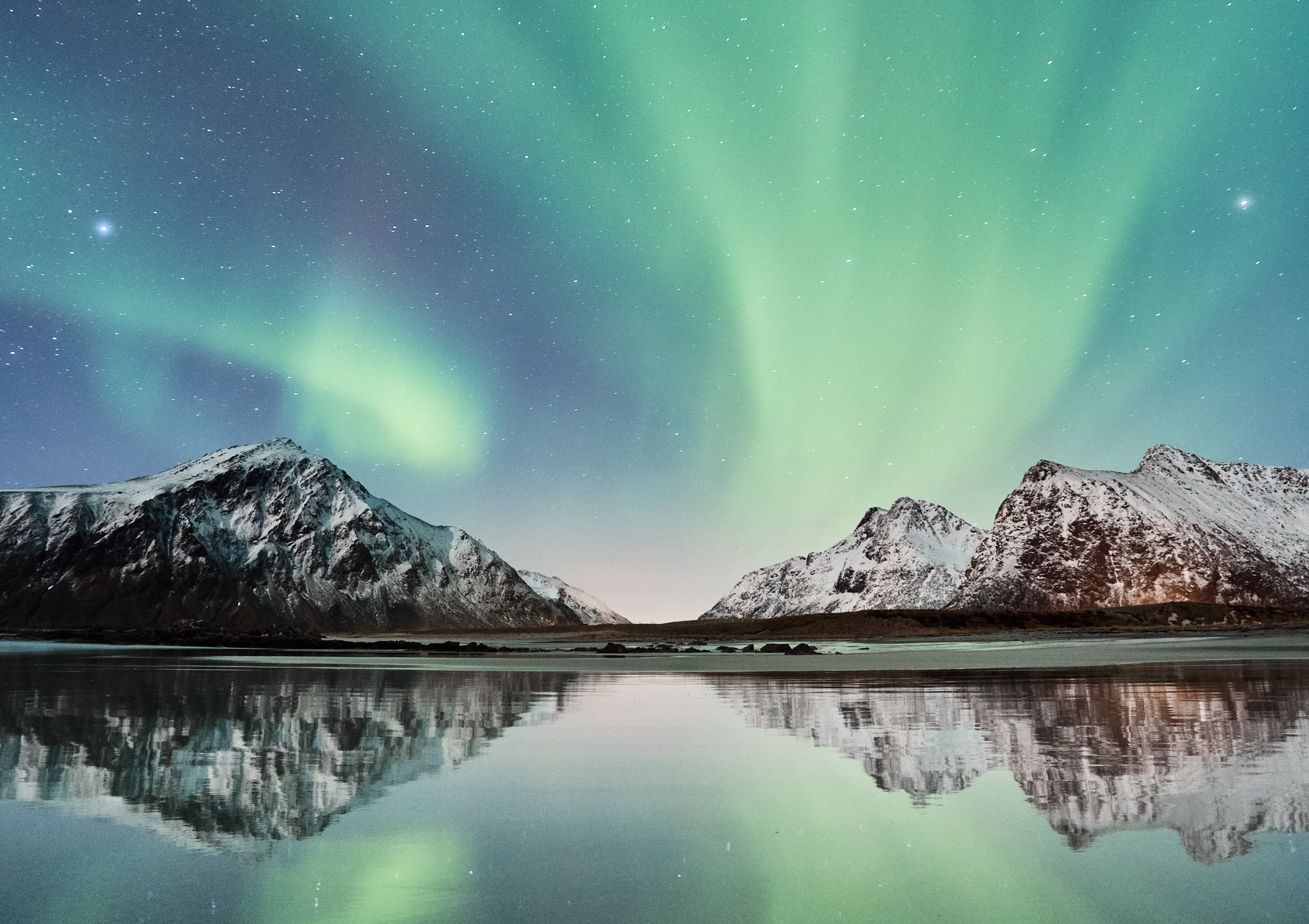 lake, snow, stars, lights, rocks, nature, landscape, aurorae, HD Wallpaper
