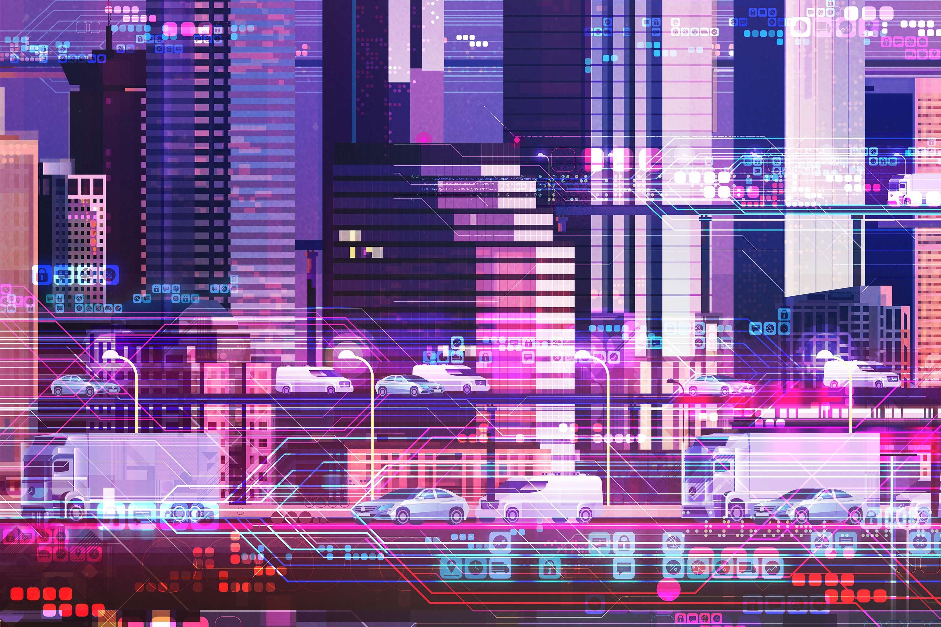 neon, artwork, digital art, city, cityscape, car, truck, vehicle, HD Wallpaper