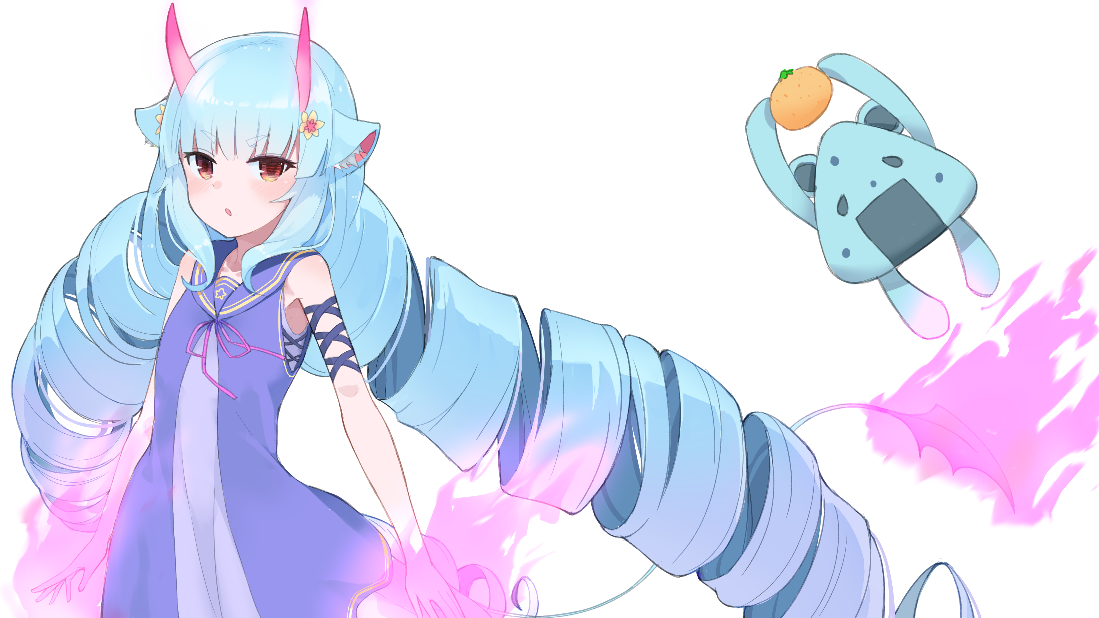 animal ears, blue hair, horns, twintails, blush, long hair, HD Wallpaper