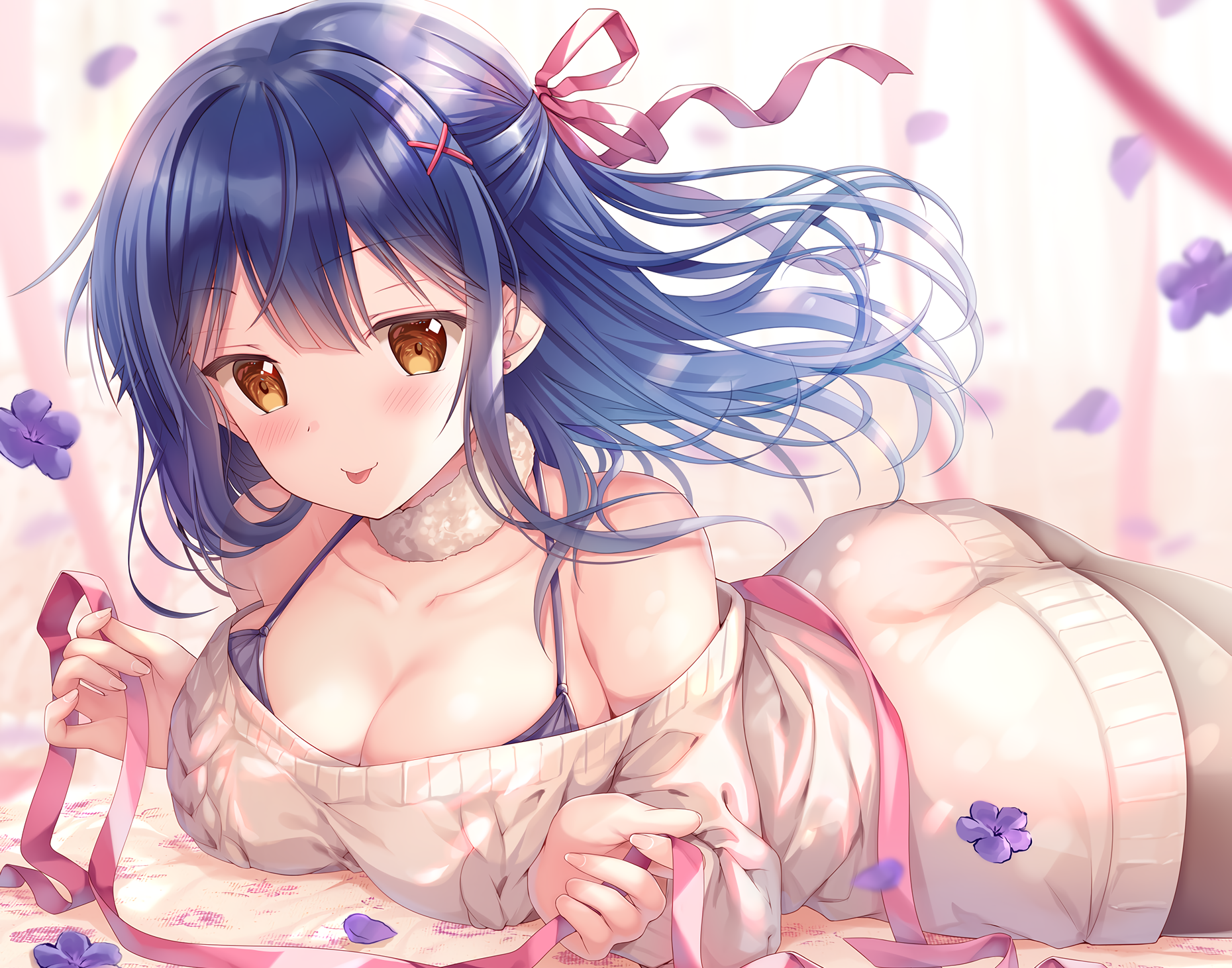 ass, blue hair, brown eyes, blush, cleavage, ribbons, long hair, flowers, HD Wallpaper