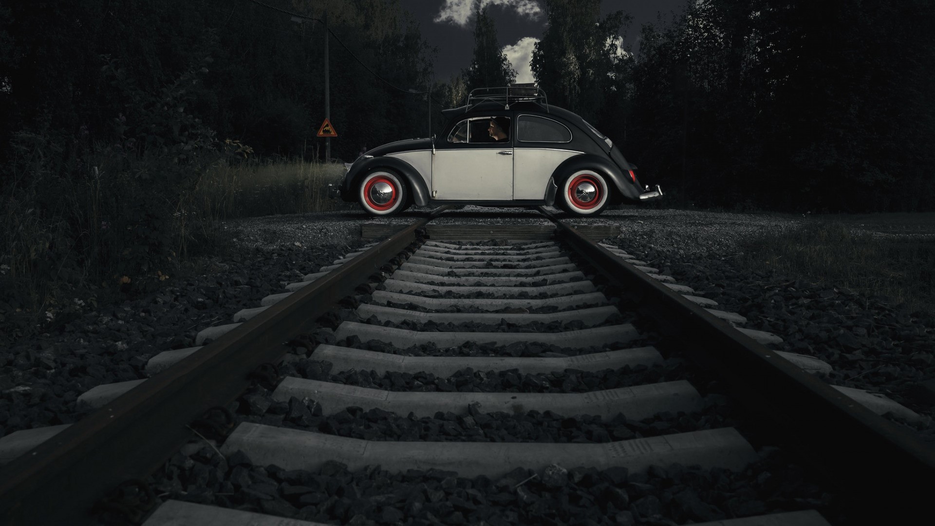 photography, car, Volkswagen Beetle, trees, railway, dangerous, dark, stones, plants, HD Wallpaper