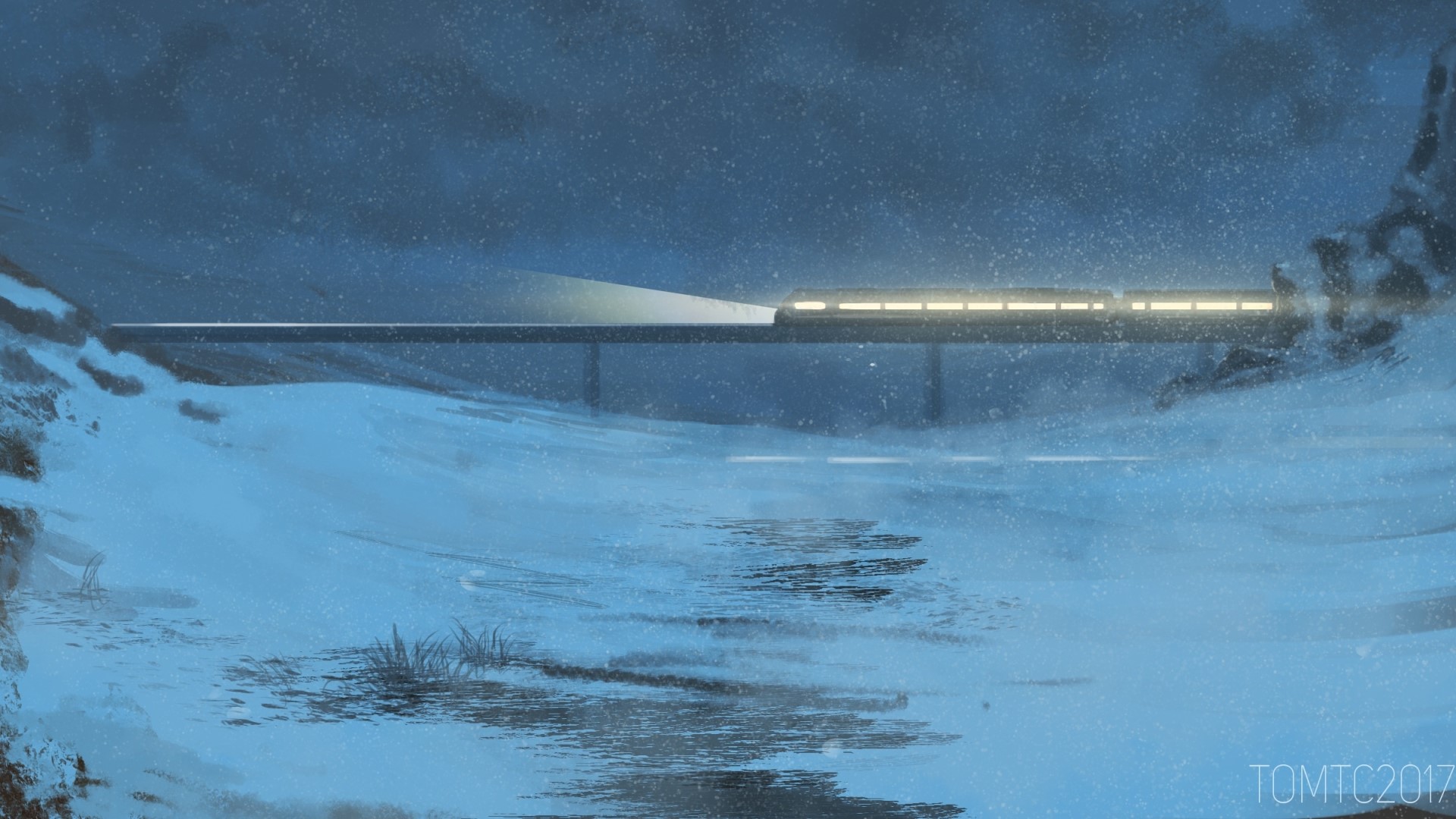 landscape, winter, snow, train, lights, bridge, digital art, evening, valley, TomTC, DeviantArt, HD Wallpaper