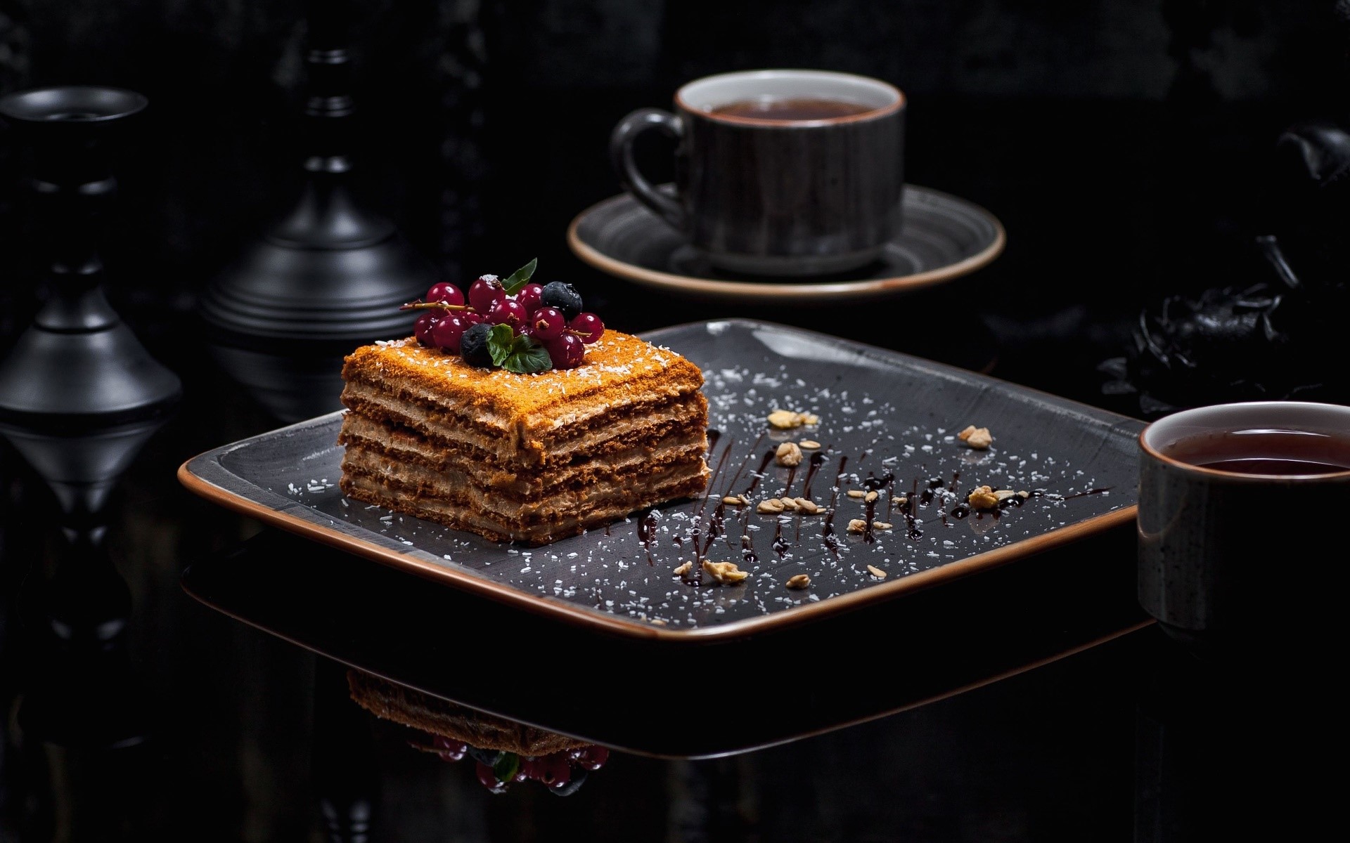 dark, sweets, food, cup, berries, dessert, cake, coffee, mint leaves, HD Wallpaper
