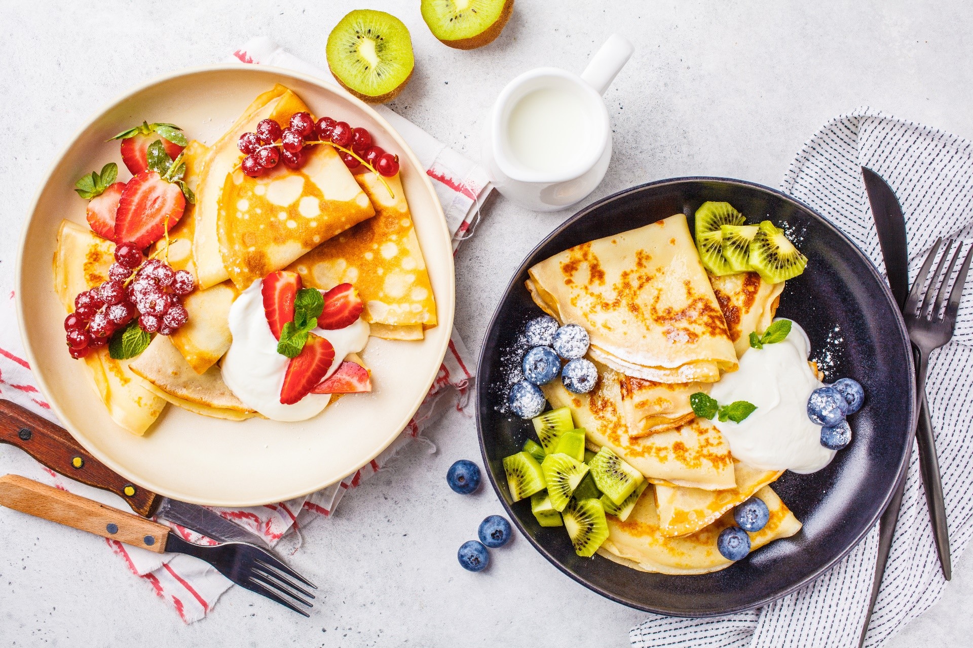 food, fruit, strawberries, sweets, crepes, kiwi (fruit), blueberries, red currant, sugar, fork, table knife, HD Wallpaper