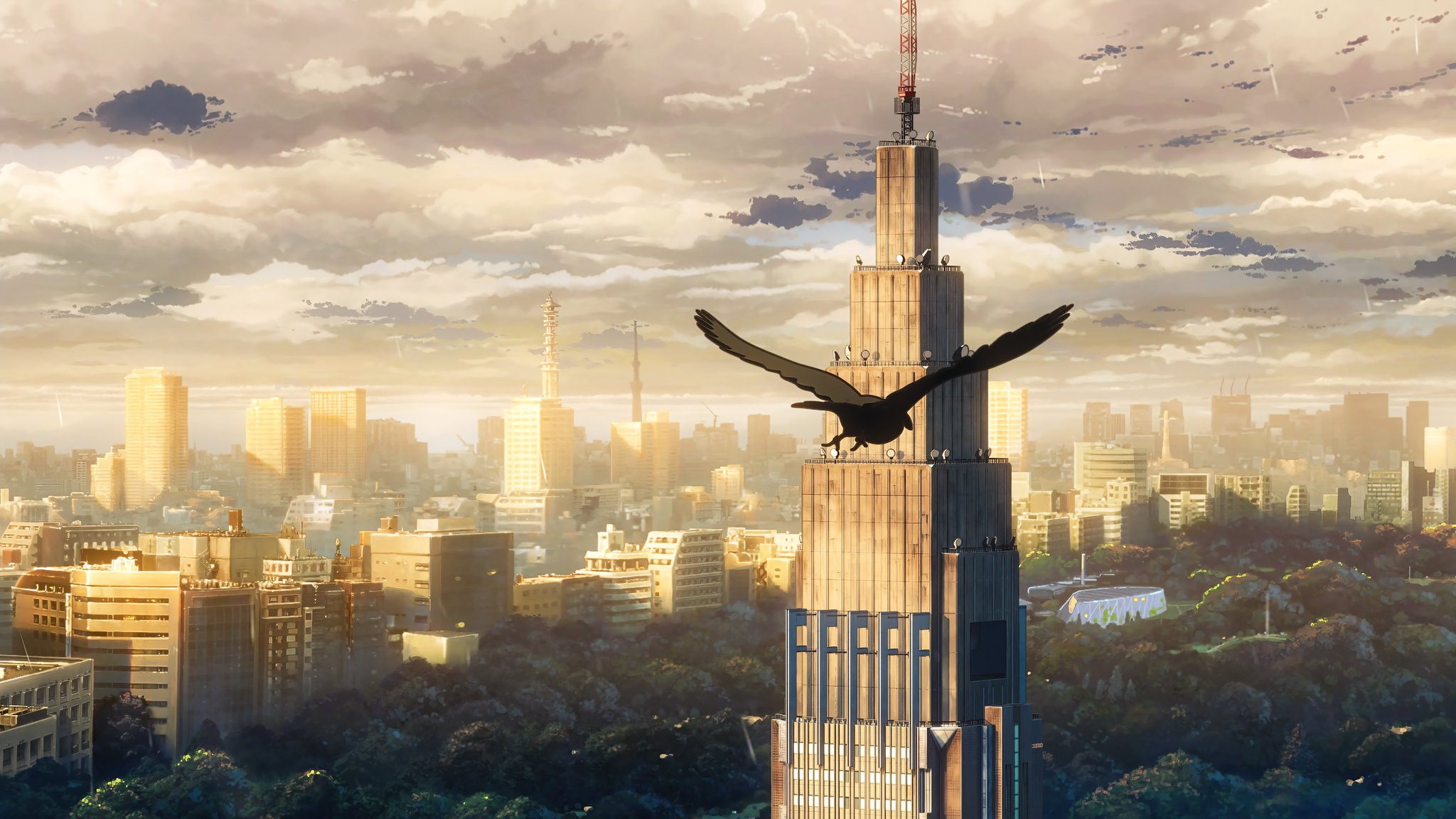 anime, landscape, sky, urban, clouds, city, HD Wallpaper