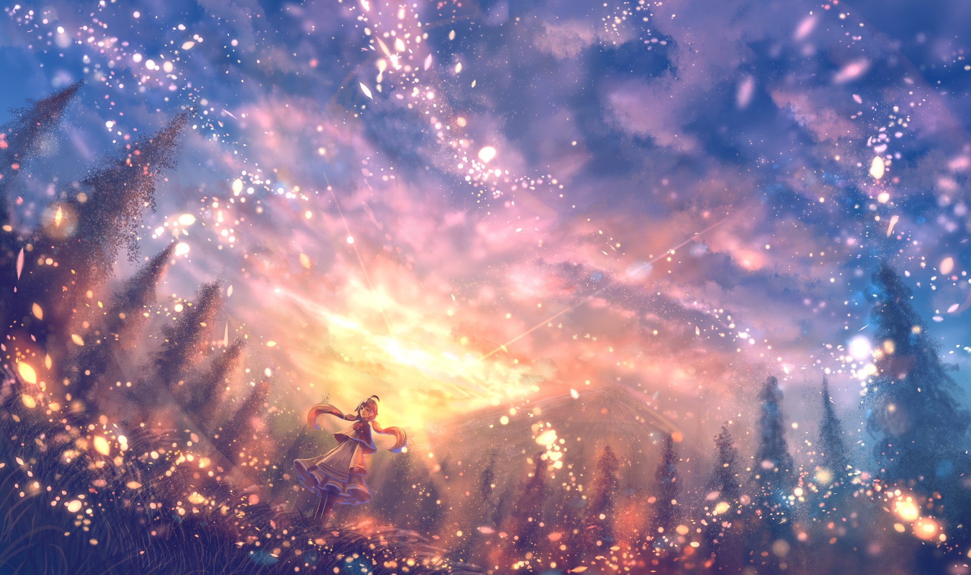 bou nin, clouds, grass, long hair, sky, twintails, HD Wallpaper