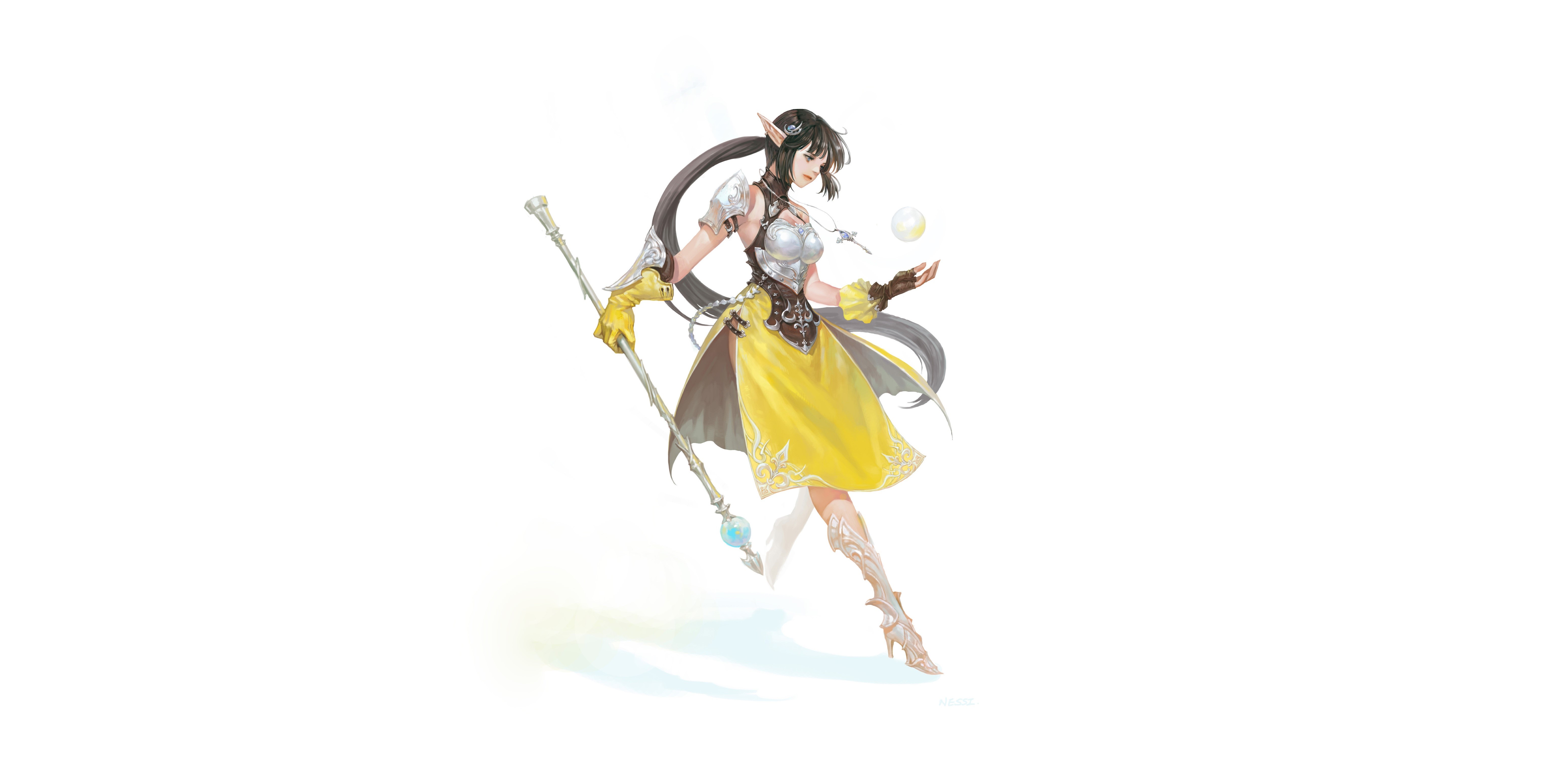 simple background, white background, fantasy girl, fantasy art, dark hair, pointy ears, HD Wallpaper