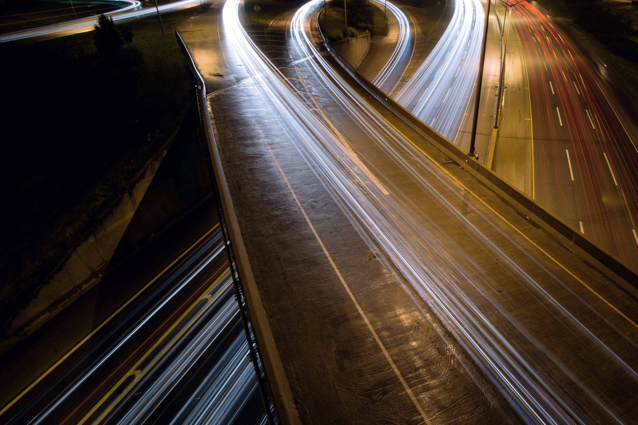 night, road, long exposure, bridge, light trails, HD Wallpaper