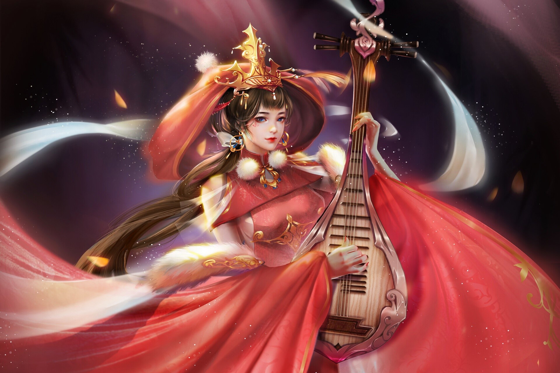 fantasy art, artwork, fantasy girl, musical instrument, Asian, long hair, HD Wallpaper