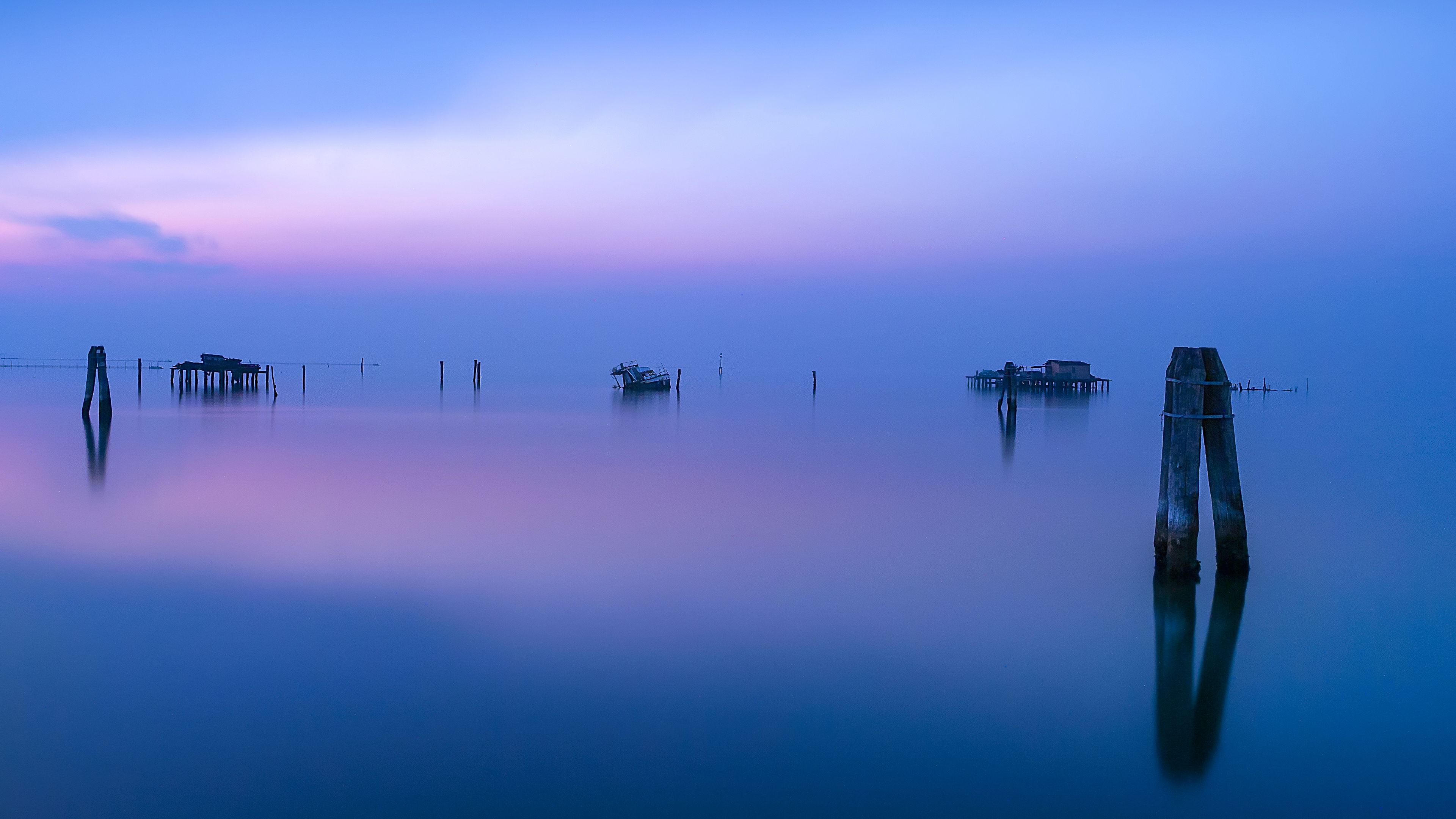 houses, fishermen, horizon, minimalism, ocean, sea, water, 4k, HD Wallpaper